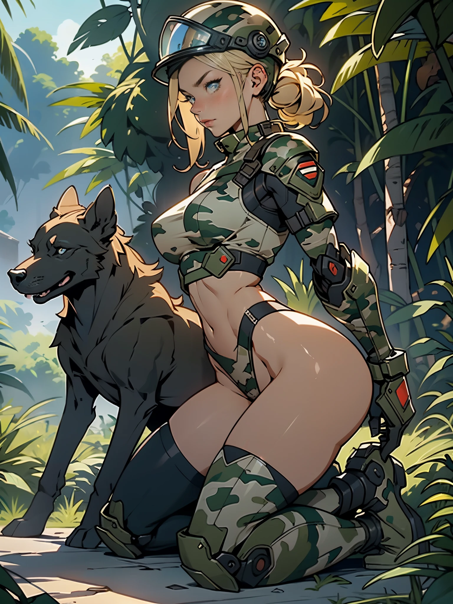 1woman 20 years old, max resolution, sculpted, military, wearing a soldier helmet, beautiful, perfect body, blonde hair, blue eyes, perfect body, thin waist, wide hips, large breasts, slim thighs, jungle background, armored vehicle, military robot dog, camouflaged uniform, tight panties, two-piece, highly detailed, high resolution, perfect hands, side view, camo, face fully turned to the side to look at the viewer, turn her head to look at the viewer, genuflection kneeling, one knee on ground, one knee up, bare shoulders