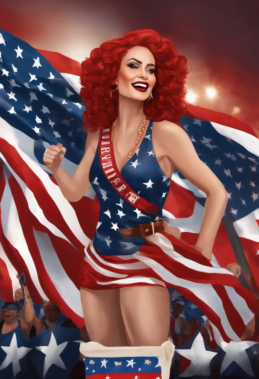 An image of the character leading a group of supporters in a passionate chant at a political rally.,original,Maggie, a staunch MAGA devotee, stands out with her fiery red hair often styled in a patriotic bandana, and her wardrobe is a bold display of pro-Trump slogans and American flags. Her appearance is further marked by a determined, almost fierce expression, embodying her unshakable conviction in her political stance.