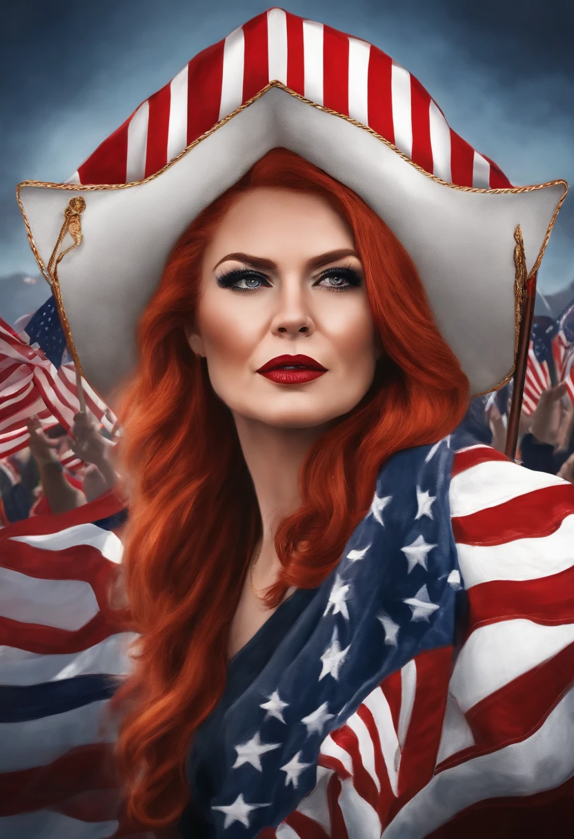 An image of the character leading a group of supporters in a passionate chant at a political rally.,original,Maggie, a staunch MAGA devotee, stands out with her fiery red hair often styled in a patriotic bandana, and her wardrobe is a bold display of pro-Trump slogans and American flags. Her appearance is further marked by a determined, almost fierce expression, embodying her unshakable conviction in her political stance.