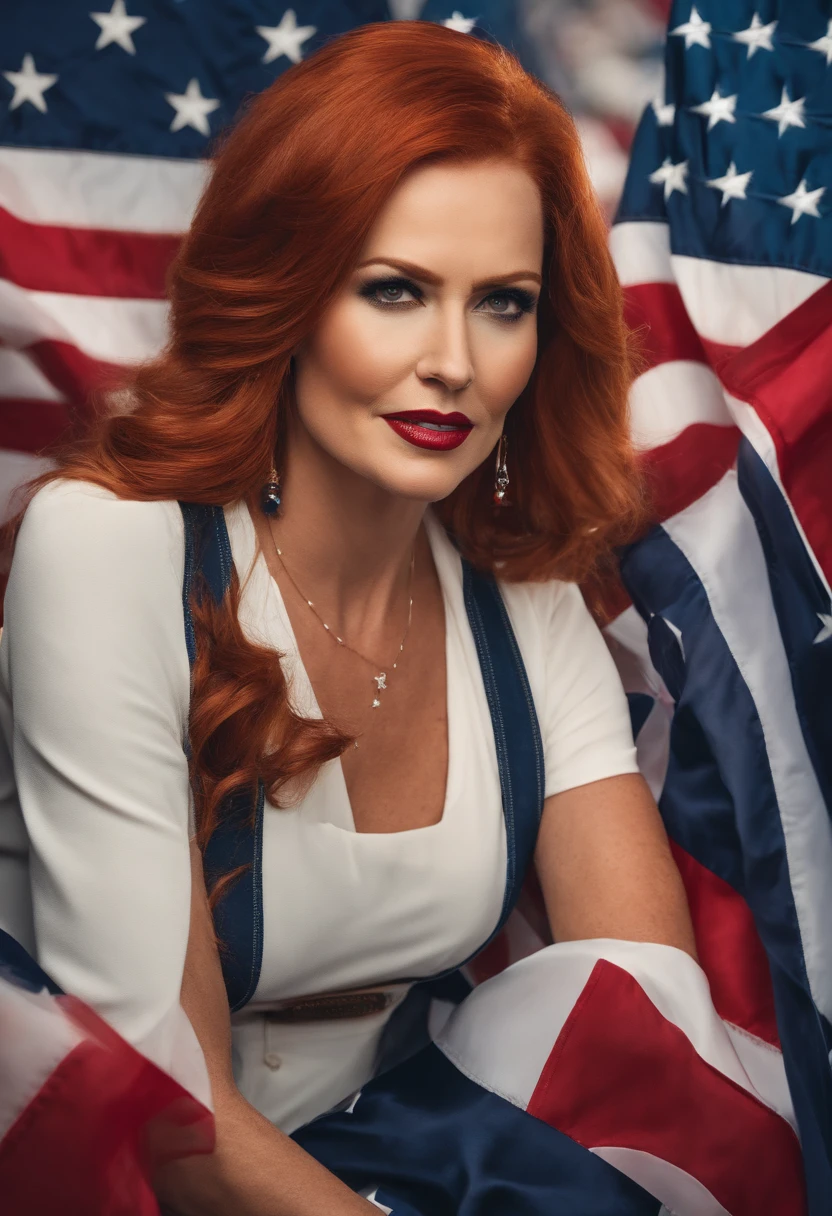 An image of the character proudly posting with a 'Trump 2024' bumper sticker on her car.,original,Maggie, a staunch MAGA devotee, stands out with her fiery red hair often styled in a patriotic bandana, and her wardrobe is a bold display of pro-Trump slogans and American flags. Her appearance is further marked by a determined, almost fierce expression, embodying her unshakable conviction in her political stance., female