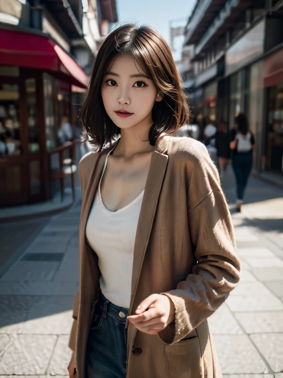 Stroll through the shopping street、Portrait of a woman in a coat, top-quality、hyper HD、奈良美智, Japanese Models, Beautiful Japan Girl, With short hair, 27-year-old female model, 4 k ], 4K], 27yo, sakimichan, sakimichan