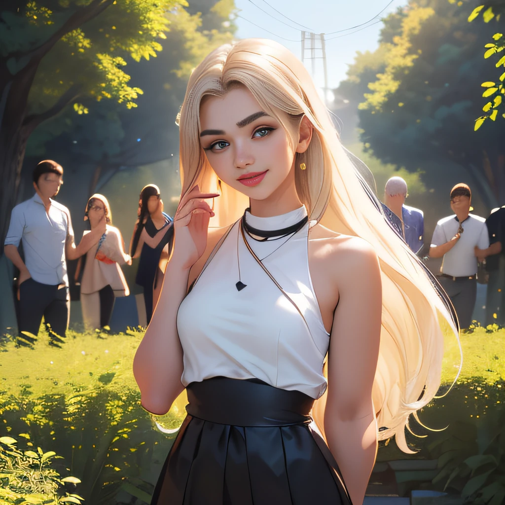 (Extremely detailed 8k wallpaper:2), (photo:2), (25 years old soigne Beautiful girl:2), (gives a lecture to friends:2), detailed (Face and eyes), (hyper realistic:1), (highly detailed:1), (epic realistic:1), rim light, (maximum details:1), cozy, (fullbody:1.3), (looking at viewer:2), (Woman's Attractive Qualities:2), (Attractive Woman:2), (Attractive:2), Smile, Intelligence, Empathy, Gracefulness, Sense of Style, Fitness, Grooming, Optimism, (Sensitivity:2), Sincerity, Romantic Gestures, Playfulness, Fashion Sense, (Sensuality:2), Charm, Modesty, Thoughtfulness, (Femininity:1), Flirtatiousness, Warmth, (Physical attractiveness:2), A beautiful smile, A love of life, strength and power, vulnerability, curiosity, wonder, love, (nature background:2), kawaii, waifu, Beautiful breasts, (attractive body:2), (Beautiful body:2), Beautiful pose, attractive pose, (Beautiful legs:1.0), (Beautiful clothes:1), (classic clothes:2), (elegant clothes:2), (European clothes:2), detailed clothes, (skirt:1), (blouse:1), (provocative pose)