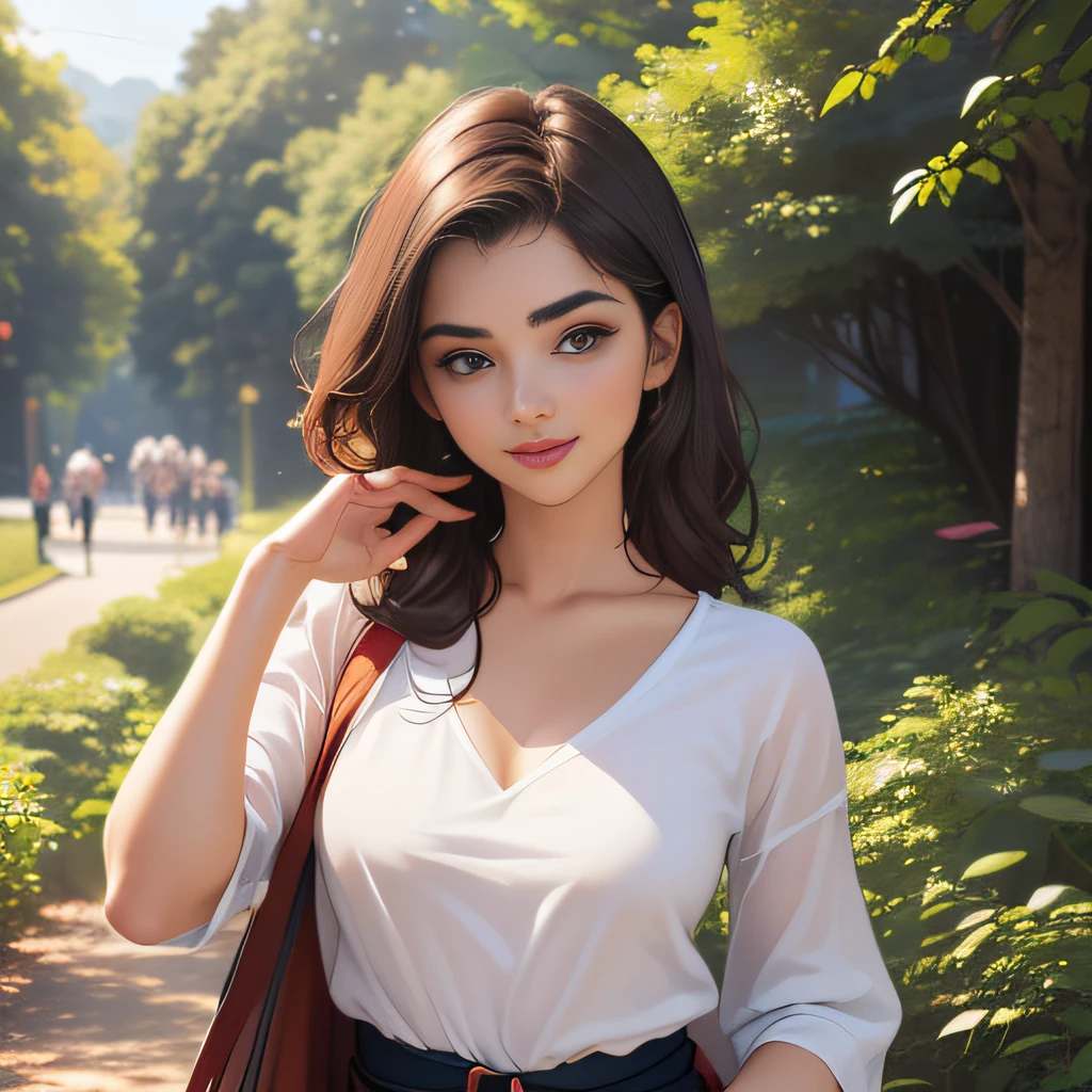 (Extremely detailed 8k wallpaper:2), (photo:2), (25 years old soigne Beautiful girl:2), (gives a lecture to friends:2), detailed (Face and eyes), (hyper realistic:1), (highly detailed:1), (epic realistic:1), rim light, (maximum details:1), cozy, (fullbody:1.3), (looking at viewer:2), (Woman's Attractive Qualities:2), (Attractive Woman:2), (Attractive:2), Smile, Intelligence, Empathy, Gracefulness, Sense of Style, Fitness, Grooming, Optimism, (Sensitivity:2), Sincerity, Romantic Gestures, Playfulness, Fashion Sense, (Sensuality:2), Charm, Modesty, Thoughtfulness, (Femininity:1), Flirtatiousness, Warmth, (Physical attractiveness:2), A beautiful smile, A love of life, strength and power, vulnerability, curiosity, wonder, love, (nature background:2), kawaii, waifu, Beautiful breasts, (attractive body:2), (Beautiful body:2), Beautiful pose, attractive pose, (Beautiful legs:1.0), (Beautiful clothes:1), (classic clothes:2), (elegant clothes:2), (European clothes:2), detailed clothes, (skirt:1), (blouse:1), (provocative pose)