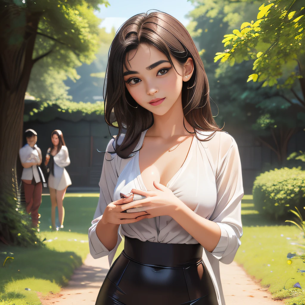 (Extremely detailed 8k wallpaper:2), (photo:2), (25 years old soigne Beautiful girl:2), (gives a lecture to friends:2), detailed (Face and eyes), (hyper realistic:1), (highly detailed:1), (epic realistic:1), rim light, (maximum details:1), cozy, (fullbody:1.3), (looking at viewer:2), (Woman's Attractive Qualities:2), (Attractive Woman:2), (Attractive:2), Smile, Intelligence, Empathy, Gracefulness, Sense of Style, Fitness, Grooming, Optimism, (Sensitivity:2), Sincerity, Romantic Gestures, Playfulness, Fashion Sense, (Sensuality:2), Charm, Modesty, Thoughtfulness, (Femininity:1), Flirtatiousness, Warmth, (Physical attractiveness:2), A beautiful smile, A love of life, strength and power, vulnerability, curiosity, wonder, love, (nature background:2), kawaii, waifu, Beautiful breasts, (attractive body:2), (Beautiful body:2), Beautiful pose, attractive pose, (Beautiful legs:1.0), (Beautiful clothes:1), (classic clothes:2), (elegant clothes:2), (European clothes:2), detailed clothes, (skirt:1), (blouse:1), (provocative pose)