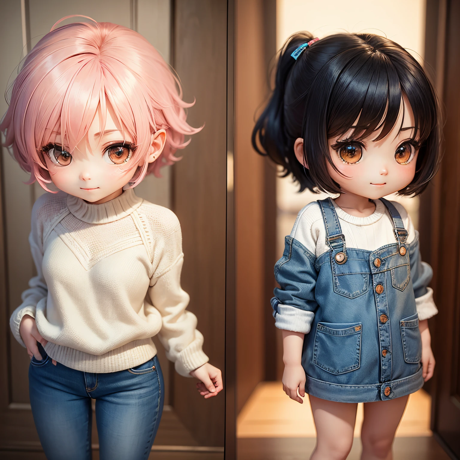 masterpiece、top-quality、ultra-detailliert、(chibi character couple:1.2)、Matching knits and matching jeans、stare at each other、stare at each other、a smile、Full-body standing figure、The background is a scrambled intersection