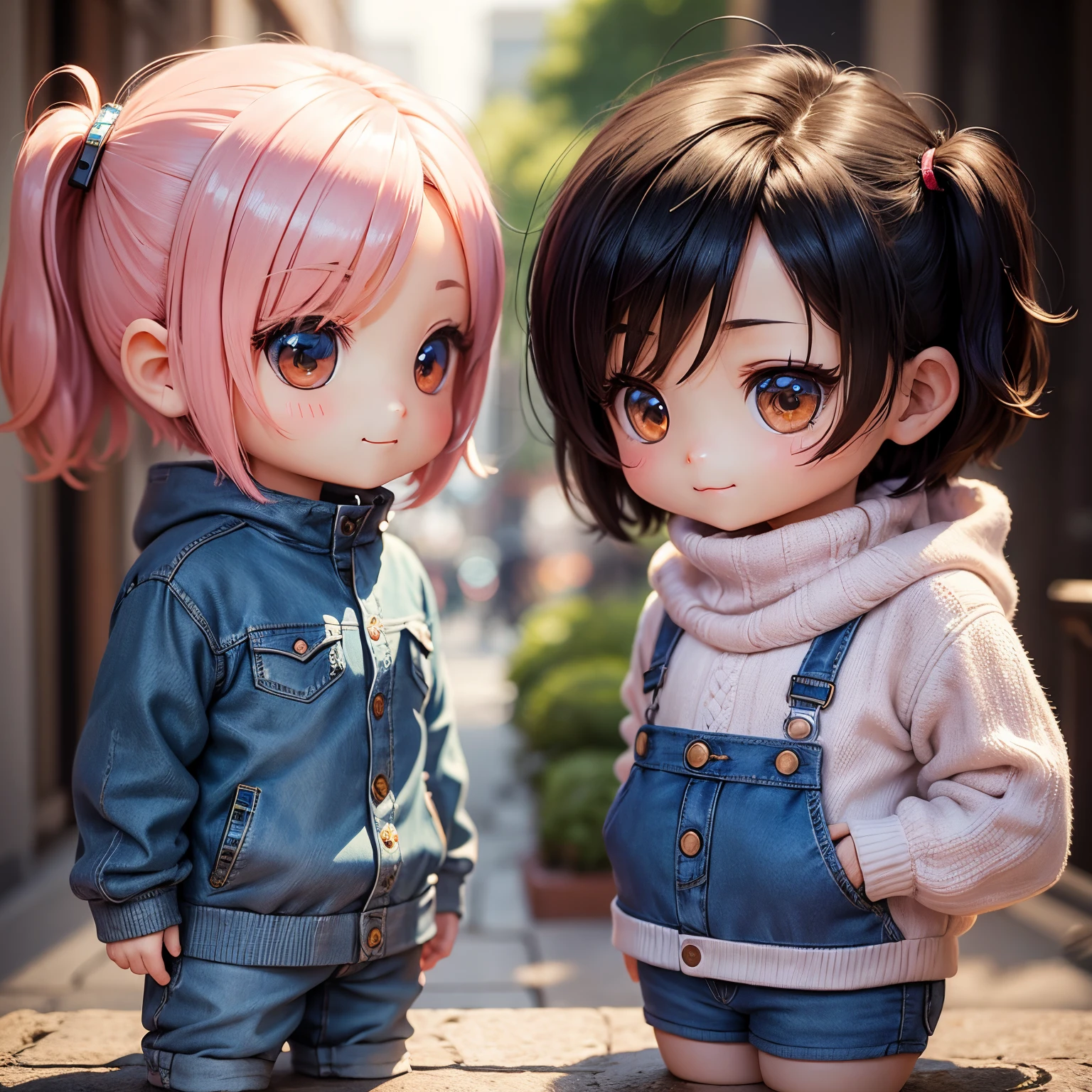 masterpiece、top-quality、ultra-detailliert、(chibi character couple:1.2)、Matching knits and matching jeans、stare at each other、stare at each other、a smile、Full-body standing figure、The background is a scrambled intersection