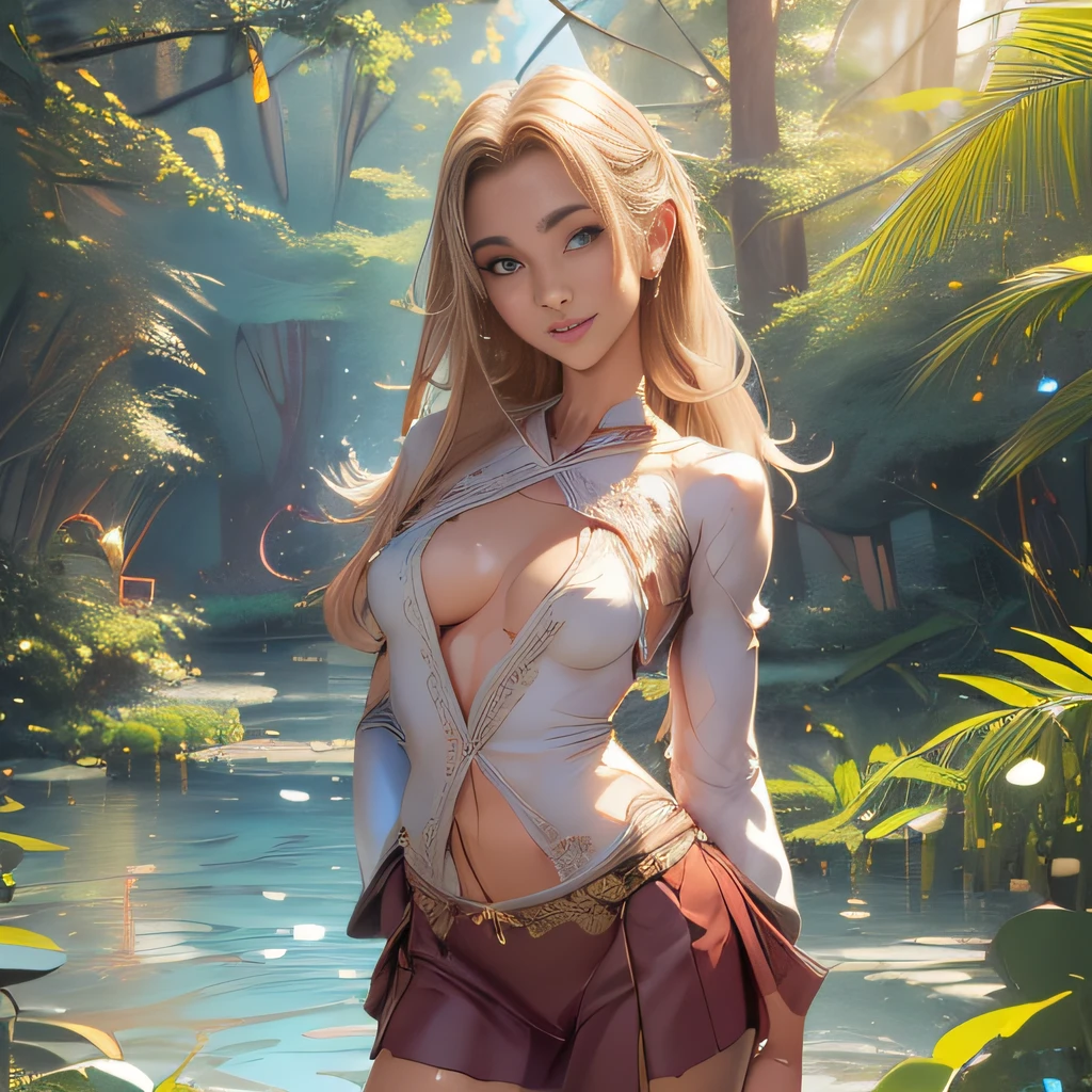 (Extremely detailed 8k wallpaper:2), (photo:2), (25 years old soigne Beautiful girl:2), (gives a lecture to friends:2), detailed (Face and eyes), (hyper realistic:1), (highly detailed:1), (epic realistic:1), rim light, (maximum details:1), cozy, (fullbody:1.3), (looking at viewer:2), (Woman's Attractive Qualities:2), (Attractive Woman:2), (Attractive:2), Smile, Intelligence, Empathy, Gracefulness, Sense of Style, Fitness, Grooming, Optimism, (Sensitivity:2), Sincerity, Romantic Gestures, Playfulness, Fashion Sense, (Sensuality:2), Charm, Modesty, Thoughtfulness, (Femininity:1), Flirtatiousness, Warmth, (Physical attractiveness:2), A beautiful smile, A love of life, strength and power, vulnerability, curiosity, wonder, love, (nature background:2), kawaii, waifu, Beautiful breasts, (attractive body:2), (Beautiful body:2), Beautiful pose, attractive pose, (Beautiful legs:1.0), (Beautiful clothes:1), (classic clothes:2), (elegant clothes:2), (European clothes:2), detailed clothes, (skirt:1), (blouse:1), (provocative pose)