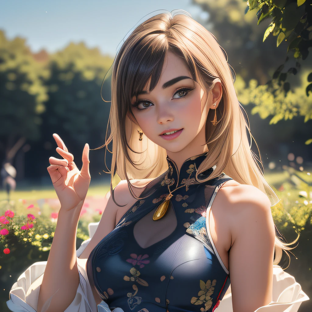 (Extremely detailed 8k wallpaper:2), (photo:2), (25 years old soigne Beautiful girl:2), (gives a lecture to friends:2), detailed (Face and eyes), (hyper realistic:1), (highly detailed:1), (epic realistic:1), rim light, (maximum details:1), cozy, (fullbody:1.3), (looking at viewer:2), (Woman's Attractive Qualities:2), (Attractive Woman:2), (Attractive:2), Smile, Intelligence, Empathy, Gracefulness, Sense of Style, Fitness, Grooming, Optimism, (Sensitivity:2), Sincerity, Romantic Gestures, Playfulness, Fashion Sense, (Sensuality:2), Charm, Modesty, Thoughtfulness, (Femininity:1), Flirtatiousness, Warmth, (Physical attractiveness:2), A beautiful smile, A love of life, strength and power, vulnerability, curiosity, wonder, love, (nature background:2), kawaii, waifu, Beautiful breasts, (attractive body:2), (Beautiful body:2), Beautiful pose, attractive pose, (Beautiful legs:1.0), (Beautiful clothes:1), (classic clothes:2), (elegant clothes:2), (European clothes:2), detailed clothes, (skirt:1), (blouse:1), (provocative pose)