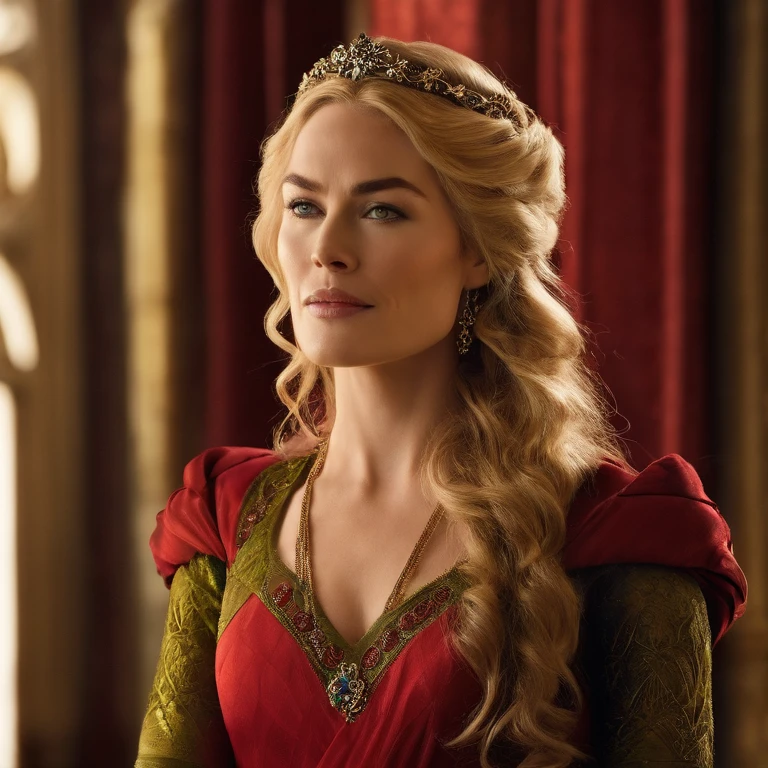Cersei is pale with golden hair, green eyes, wears red gowns and gold jewelry, famously portrayed by Lena Headey,Game of Thrones TV Show,Cersei is pale with golden hair, green eyes, wears red gowns and gold jewelry, famously portrayed by Lena Headey,face,photo