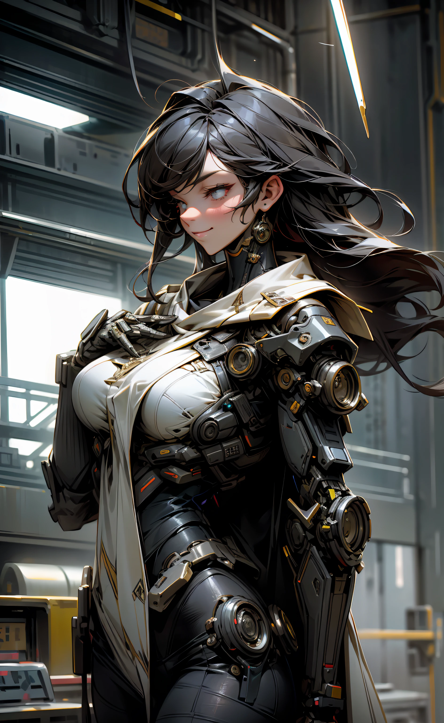 Best quality, masterpiece, highres, 32k Resolution, huge breast, broken shards of glass, reflective, glitter, cool , edgy, smile, rogue, sharp, woman, long hair, sexy, intricate, cinematic, mecha, robotic, futuristic, advanced, perfect female anatomy, matrix, cybernetics, hydraulics, militaristic, cloths, robes, closeup