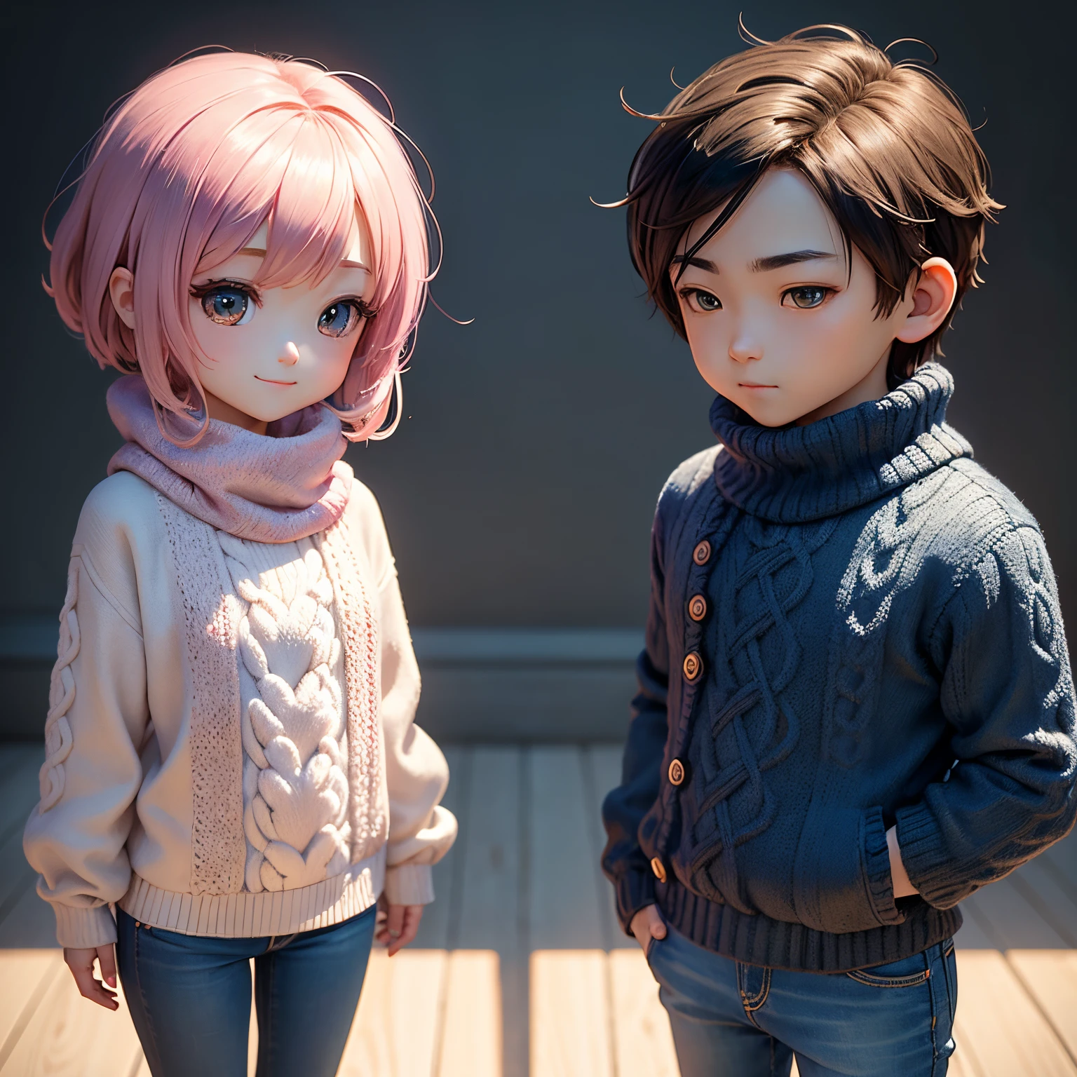 masterpiece、top-quality、ultra-detailliert、(chibi character couple:1.2)、a man and a girl、Matching knitwear and matching jeans、stare at each other、stare at each other、A smile、Full-body standing figure、The background is a scrambled intersection