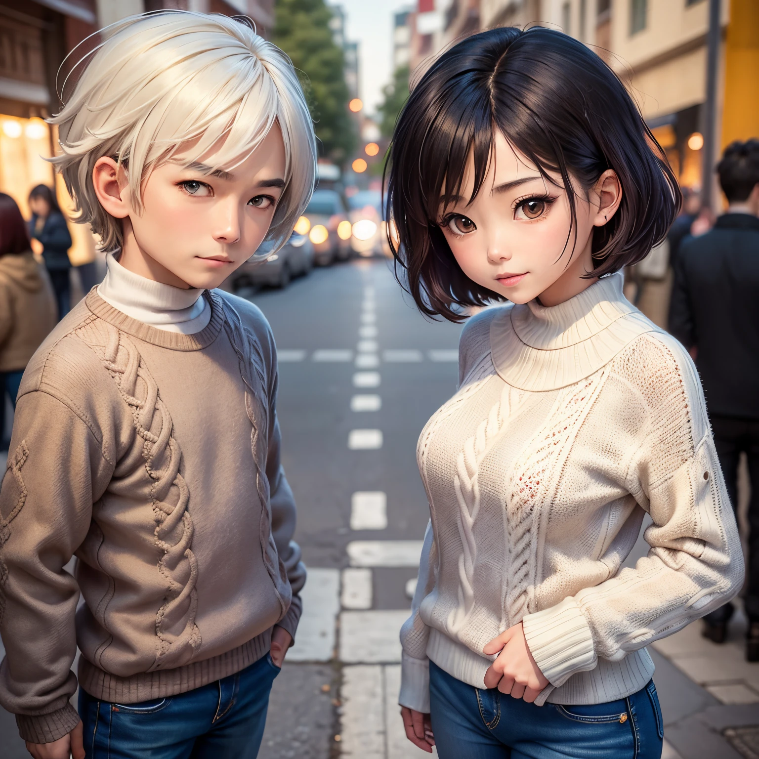 masterpiece、top-quality、ultra-detailliert、(chibi character couple:1.2)、a man and a girl、Matching knitwear and matching jeans、stare at each other、stare at each other、A smile、Full-body standing figure、The background is a scrambled intersection