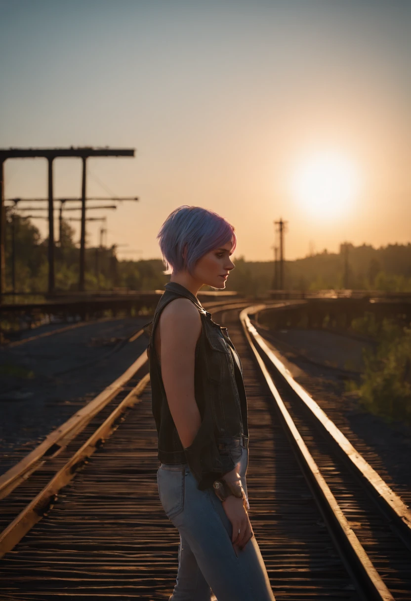 Chloe standing on the edge of an abandoned train track bridge, with the sun setting in the background,Life is Strange video game series,Chloe is a tall white teenage girl, with very short blue hair with pink roots, green eyes, punk aesthetic