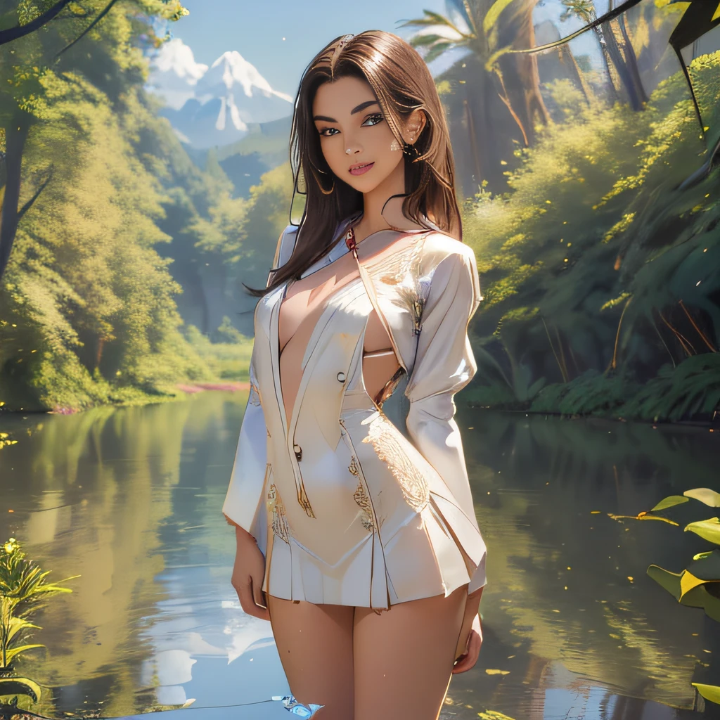 (Extremely detailed 8k wallpaper:2), (photo:2), (25 years old soigne Beautiful girl:2), (gives a lecture to friends:2), detailed (Face and eyes), (hyper realistic:1), (highly detailed:1), (epic realistic:1), rim light, (maximum details:1), cozy, (fullbody:1.3), (looking at viewer:2), (Woman's Attractive Qualities:2), (Attractive Woman:2), (Attractive:2), Smile, Intelligence, Empathy, Gracefulness, Sense of Style, Fitness, Grooming, Optimism, (Sensitivity:2), Sincerity, Romantic Gestures, Playfulness, Fashion Sense, (Sensuality:2), Charm, Modesty, Thoughtfulness, (Femininity:1), Flirtatiousness, Warmth, (Physical attractiveness:2), A beautiful smile, A love of life, strength and power, vulnerability, curiosity, wonder, love, (nature background:2), kawaii, waifu, Beautiful breasts, (attractive body:2), (Beautiful body:2), Beautiful pose, attractive pose, (Beautiful legs:1.0), (Beautiful clothes:1), (classic clothes:2), (elegant clothes:2), (European clothes:2), detailed clothes, (skirt:1), (blouse:1), (provocative pose)