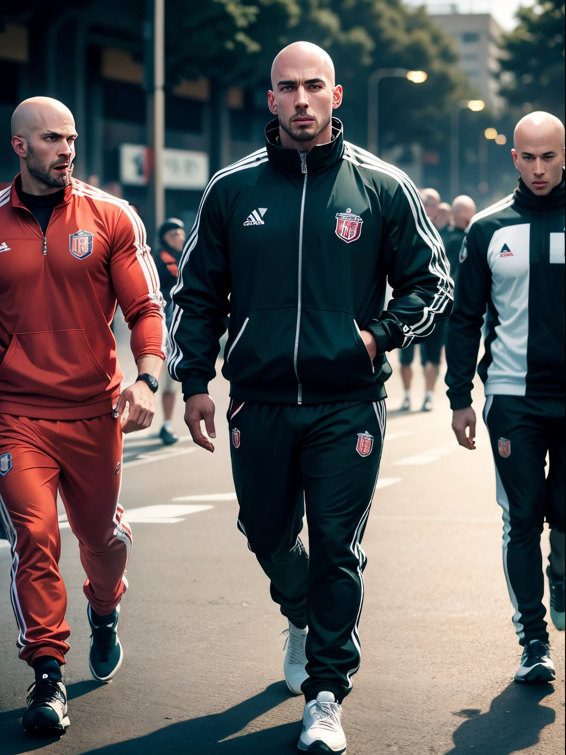 bald football hooligans in tracksuits