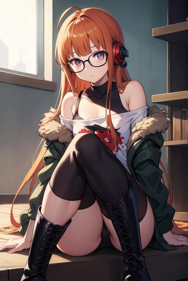 futabasakura, futaba sakura, orange hair, long hair, (purple eyes:1.1), ahoge, (small breast:1.2), glasses,
BREAK behind-the-head headphones, glasses, belt boots, black footwear, black thighhighs, cross-laced footwear, fur trim, fur-trimmed jacket, green jacket, headphones, jacket, knee boots, lace-up boots, off shoulder, off-shoulder shirt, shirt, t-shirt, thighhighs, thighhighs under boots,,
BREAK looking at viewer,
BREAK indoors, classroom,
BREAK (masterpiece:1.2), best quality, high resolution, unity 8k wallpaper, (illustration:0.8), (beautiful detailed eyes:1.6), extremely detailed face, perfect lighting, extremely detailed CG, (perfect hands, perfect anatomy),