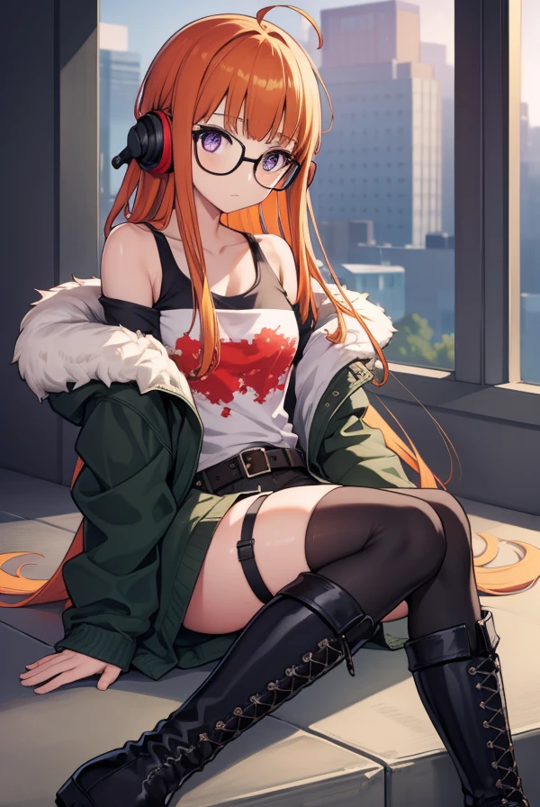 futabasakura, futaba sakura, orange hair, long hair, (purple eyes:1.1), ahoge, (small breast:1.2), glasses,
BREAK behind-the-head headphones, glasses, belt boots, black footwear, black thighhighs, cross-laced footwear, fur trim, fur-trimmed jacket, green jacket, headphones, jacket, knee boots, lace-up boots, off shoulder, off-shoulder shirt, shirt, t-shirt, thighhighs, thighhighs under boots,,
BREAK looking at viewer,
BREAK indoors, classroom,
BREAK (masterpiece:1.2), best quality, high resolution, unity 8k wallpaper, (illustration:0.8), (beautiful detailed eyes:1.6), extremely detailed face, perfect lighting, extremely detailed CG, (perfect hands, perfect anatomy),