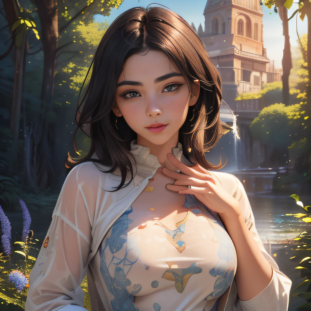 (Extremely detailed 8k wallpaper:2), (photo:2), (26 years old soigne Beautiful girl:2), (gives a lecture to friends:2), detailed (Face and eyes), (hyper realistic:1), (highly detailed:1), (epic realistic:1), rim light, (maximum details:1), cozy, (fullbody:1.3), (looking at viewer:2), (Woman's Attractive Qualities:2), (Attractive Woman:2), (Attractive:2), Smile, Intelligence, Empathy, Gracefulness, Sense of Style, Fitness, Grooming, Optimism, (Sensitivity:2), Sincerity, Romantic Gestures, Playfulness, Fashion Sense, (Sensuality:2), Charm, Modesty, Thoughtfulness, (Femininity:1), Flirtatiousness, Warmth, (Physical attractiveness:2), A beautiful smile, A love of life, strength and power, vulnerability, curiosity, wonder, love, (nature background:2), kawaii, waifu, Beautiful breasts, (attractive body:2), (Beautiful body:2), Beautiful pose, attractive pose, (Beautiful legs:1.0), (Beautiful clothes:1), (classic clothes:2), (elegant clothes:2), (European clothes:2), detailed clothes, (skirt:1), (blouse:1), (provocative pose)