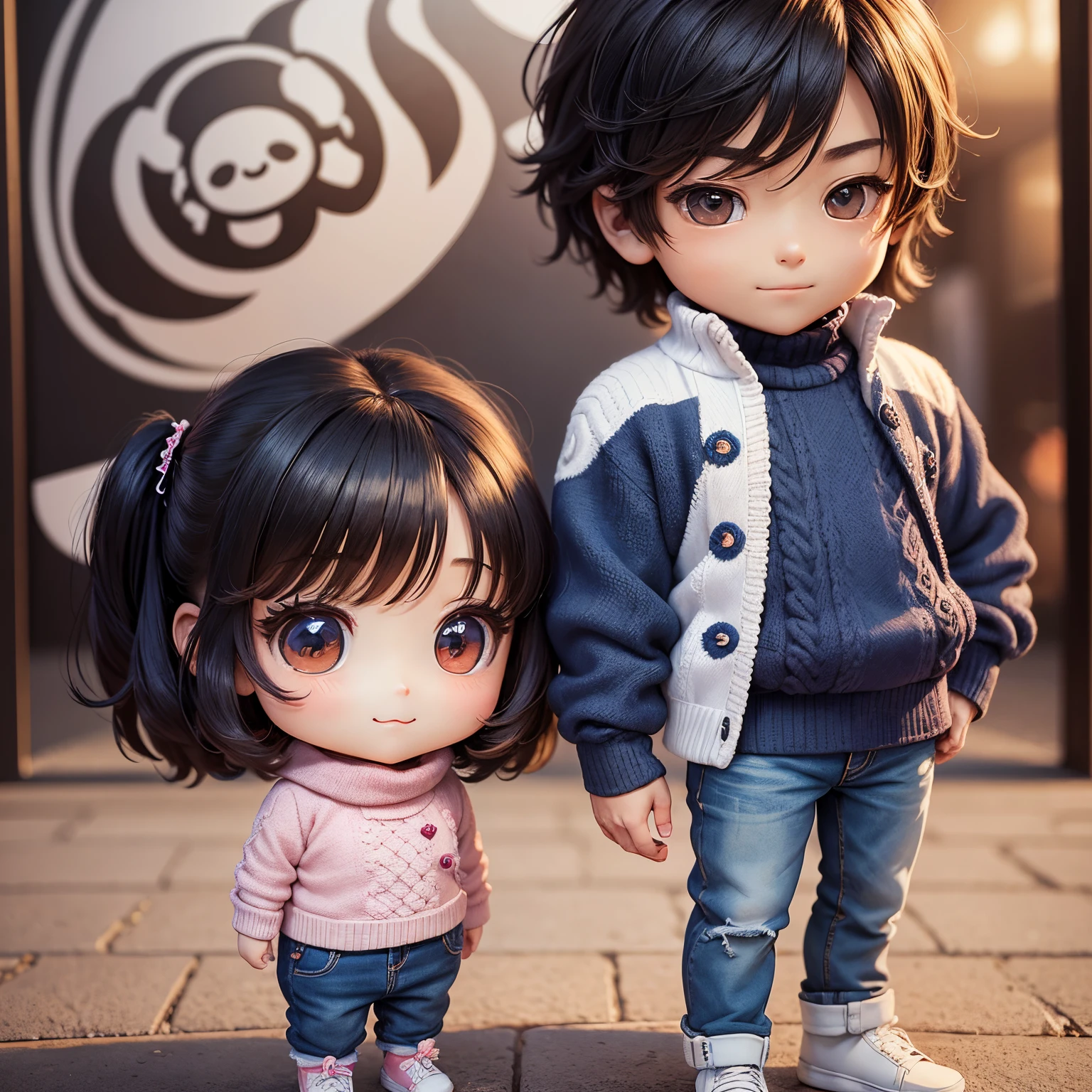 masterpiece、top-quality、ultra-detailliert、(chibi character couple:1.2)、a man and a girl、Matching knitwear and matching jeans、stare at each other、Smiling and looking at each other、Full-body standing figure、The background is a scrambled intersection