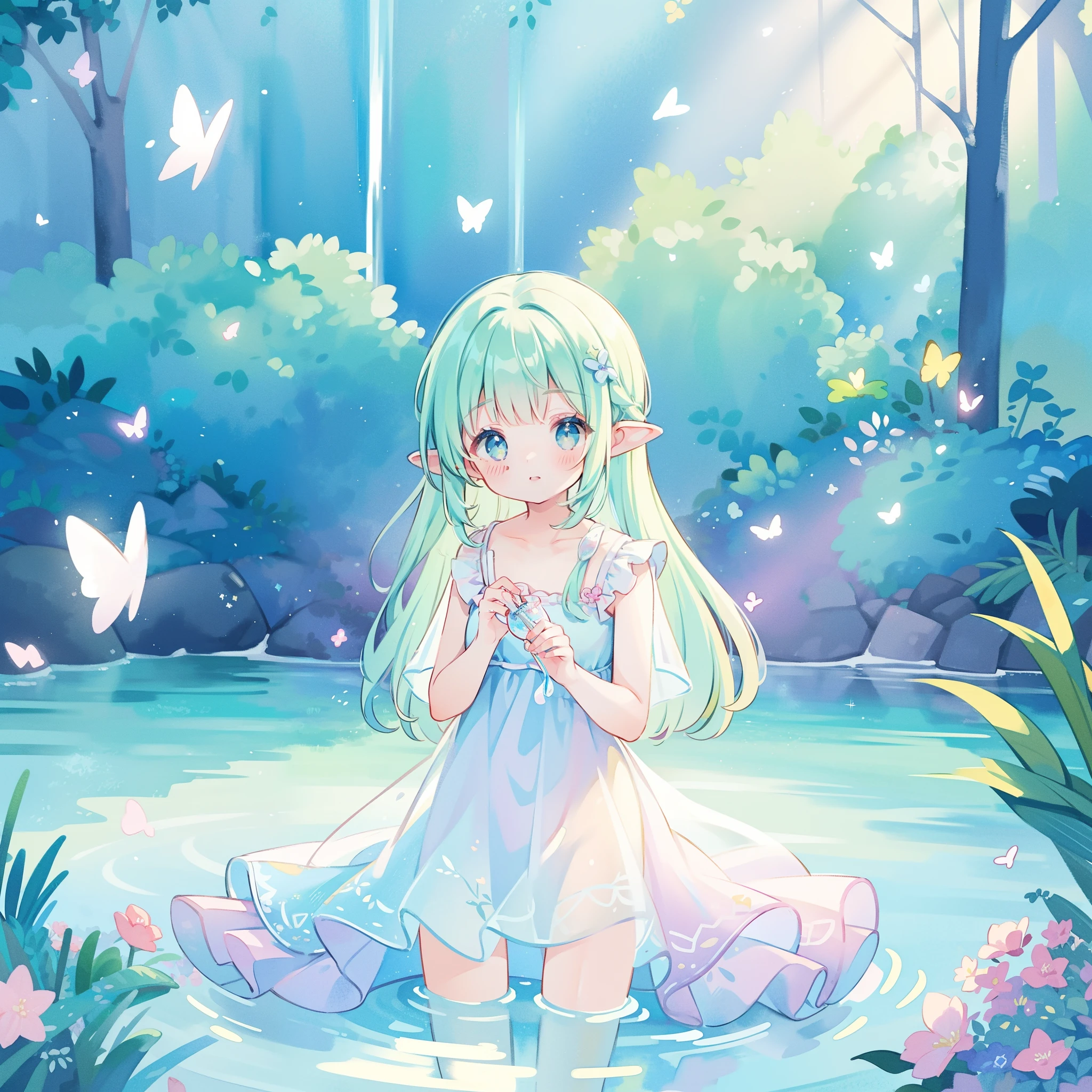 watercolor illustration, vibrant pastel colors, dreamy, colorful, whimsical, magical, masterpiece, best quality, sharp focus, intricately detailed environment, fine detail, 8k resolution, ((beautiful girl in sparkling gradient layered sheer dress)), magical lagoon