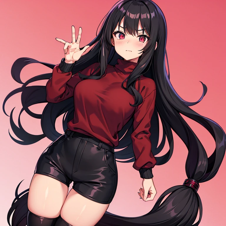 Anime, female anime character, smug expression, long black wavy hair, slight blush, sweater with turtleneck, black thigh high socks, big thighs, black shorts, maroon eyes, light skin