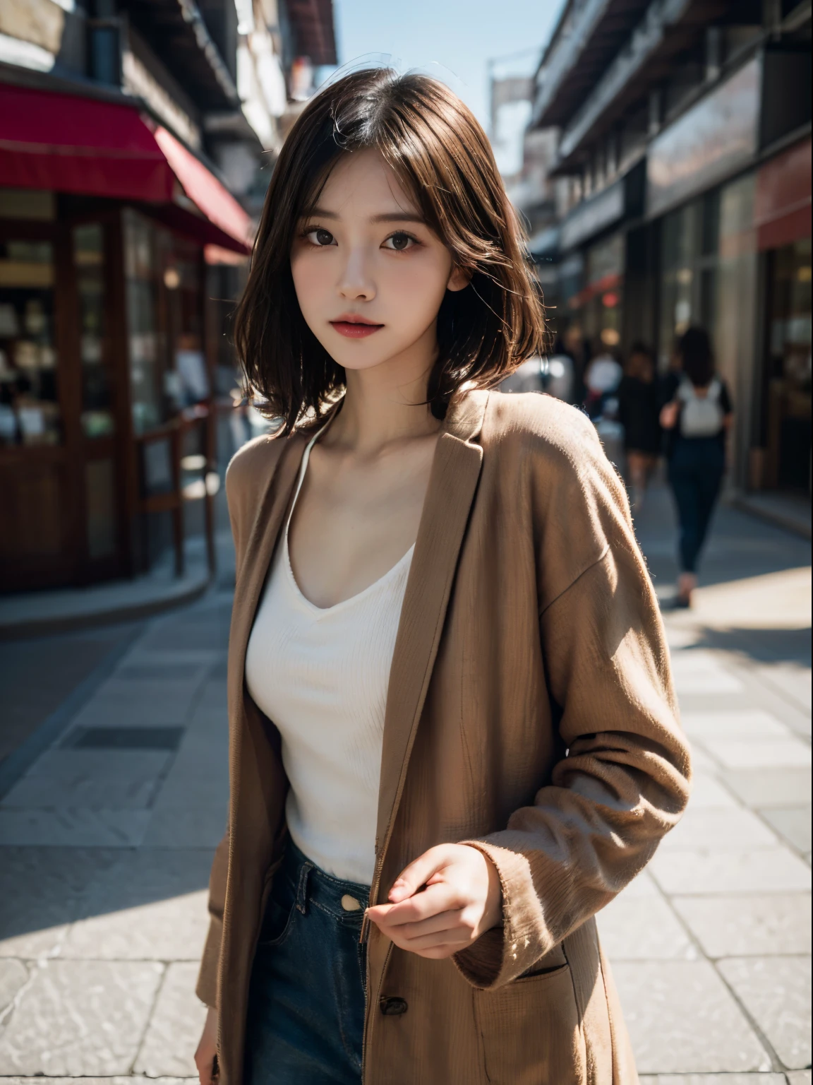 Stroll through the shopping street、Portrait of a woman in a coat, top-quality、hyper HD、奈良美智, Japanese Models, Beautiful Japan Girl, With short hair, 27-year-old female model, 4 k ], 4K], 27yo, sakimichan, sakimichan