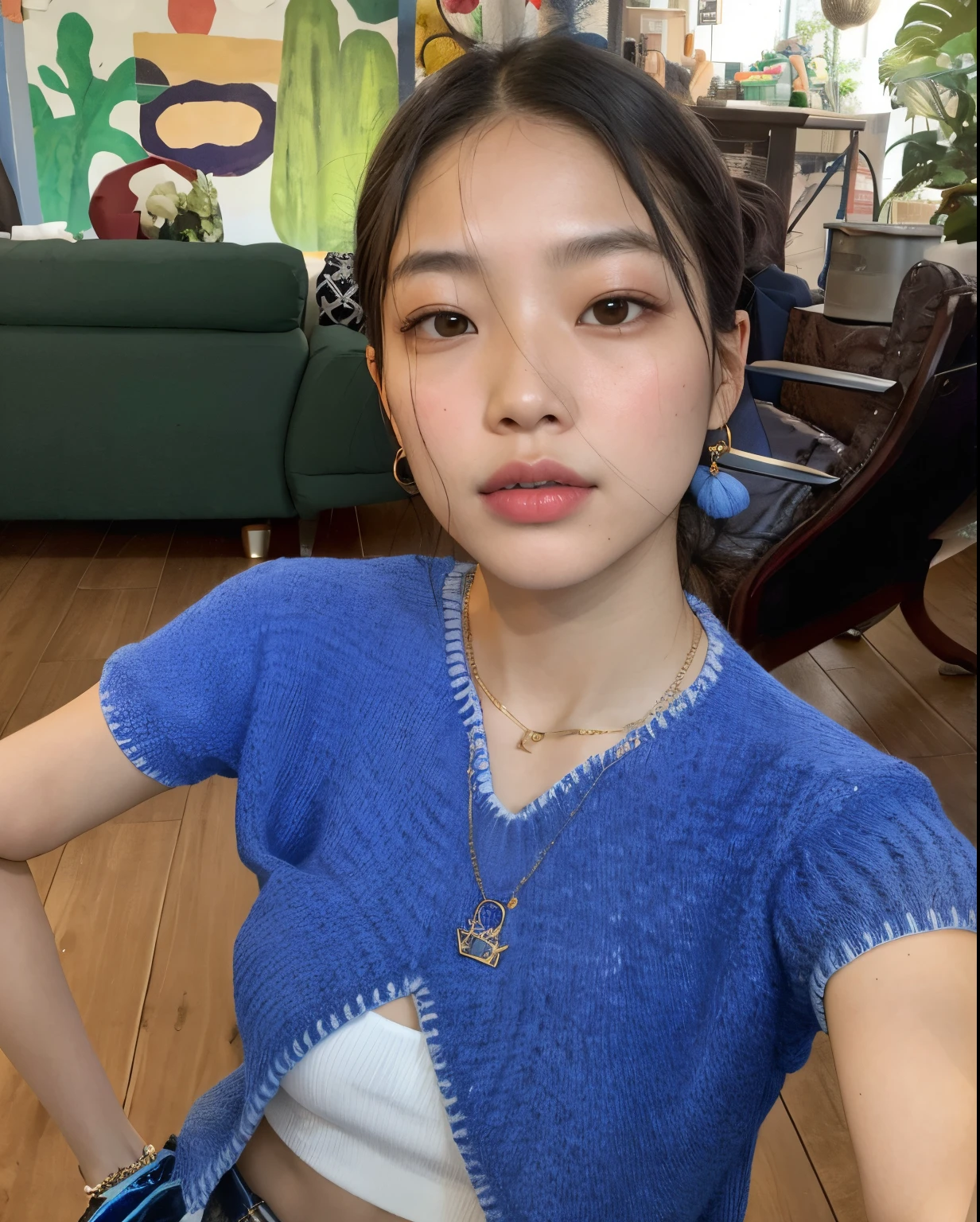 arafa woman in a blue sweater posing for a selfie, Kiko Mizuhara, jennie blackpink, Heonhwa Choe, com rosto redondo, young adorable korean face, sem maquiagem, gemma chen, TaeJune Kim, linda mulher coreana jovem, young cute wan asian face, with very thin lips, Jaeyeon Nam, louise zhang, Lulu Chen