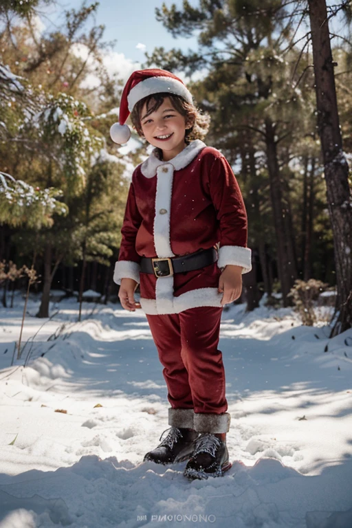 5 year old boy dressed as santa claus, en un bosque de pinsapos nevado. Smiling and happy boy. Realista, lleno de detalles, nitido, 4k