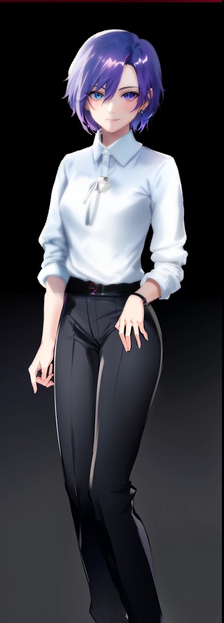 Perfect figure anime girl with purple hair and white shirt and black pants, portrait gapmoe yandere grimdark, portrait knights of zodiac girl, official character art, girl with short white hair, anime moe artstyle, delicate androgynous prince, fubuki, attractive androgynous humanoid, smooth anime cg art, visual novel sprite, gapmoe yandere
