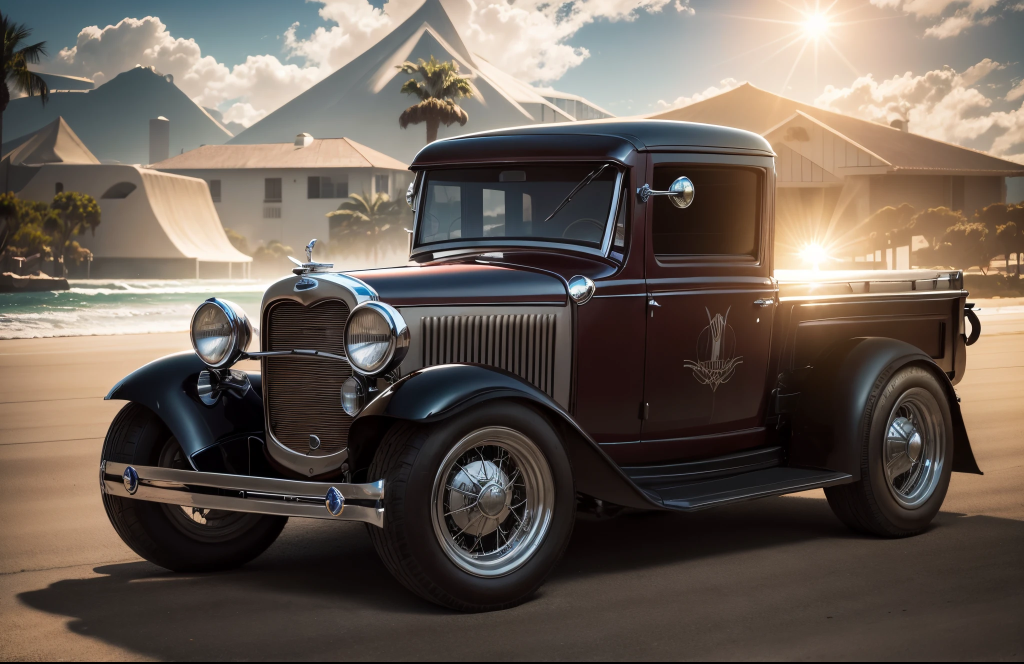 Imponente PretoPick Up Ford 1932 Show Car, enormes rodas BBS, Ridiculously low posture parked near palm trees and beautiful mansions with oceanfront balconies with the sun shining and reflecting everywhere and on the yachts in the background in sunny California
