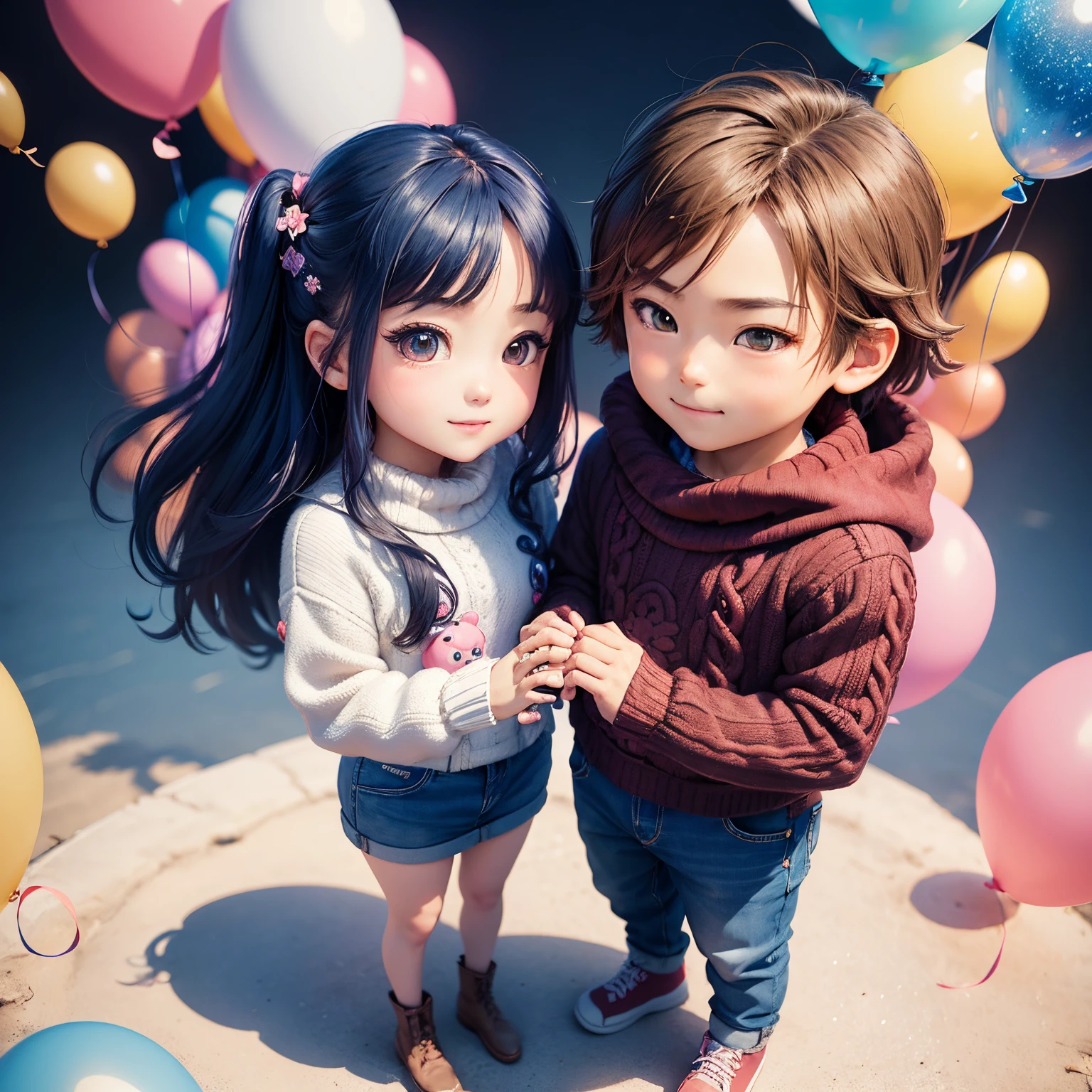 ​masterpiece、top-quality、ultra-detailliert、(chibi character couple:1.27)、a man and a girl、Matching knitwear and matching jeans、stare at each other、Smiling and looking at each other、Full-body standing figure、The background is a blue sky with multiple colored balloons flying