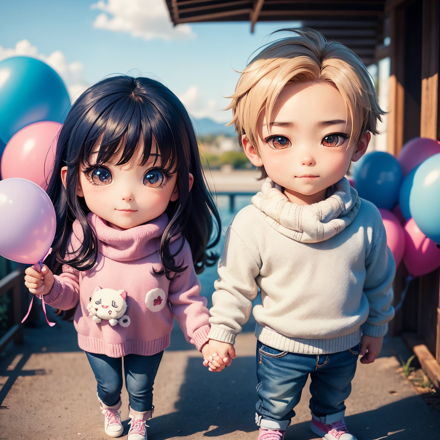 ​masterpiece、top-quality、ultra-detailliert、(chibi character couple:1.27)、a man and a girl、Matching knitwear and matching jeans、stare at each other、Smiling and looking at each other、Full-body standing figure、The background is a blue sky with multiple colored balloons flying
