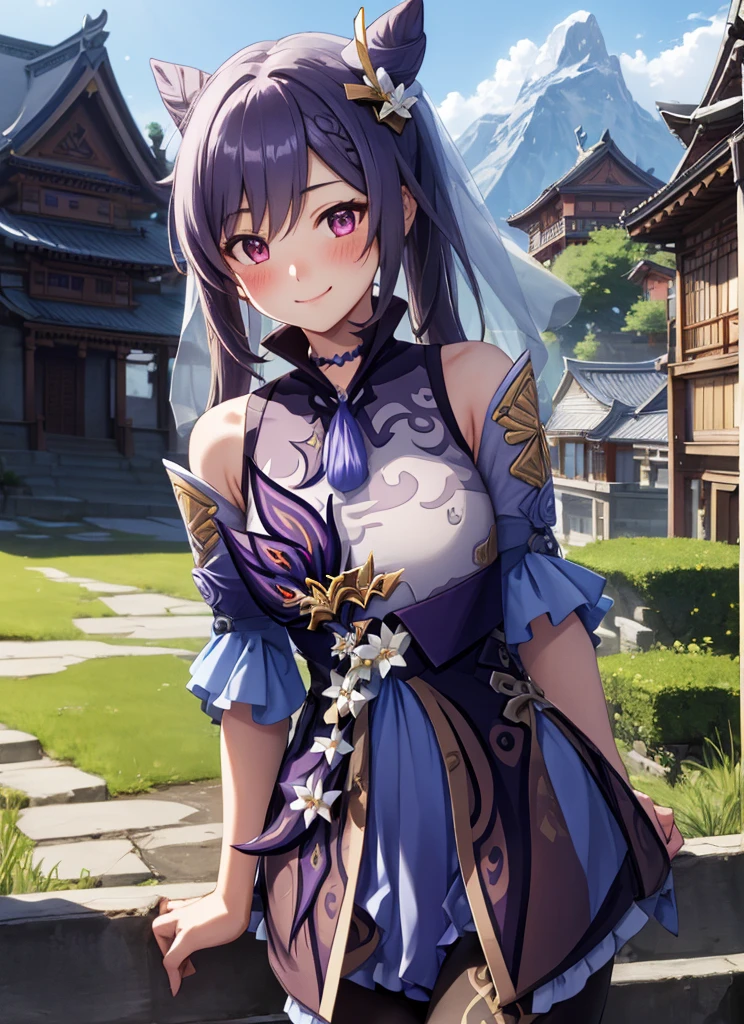 keqingdef, upper body, smile, blush, outdoors, day, simple background, blue sky, veil, sky, temple, looking at viewer, stairs, mountain, moody lighting, facing viewer, sex
