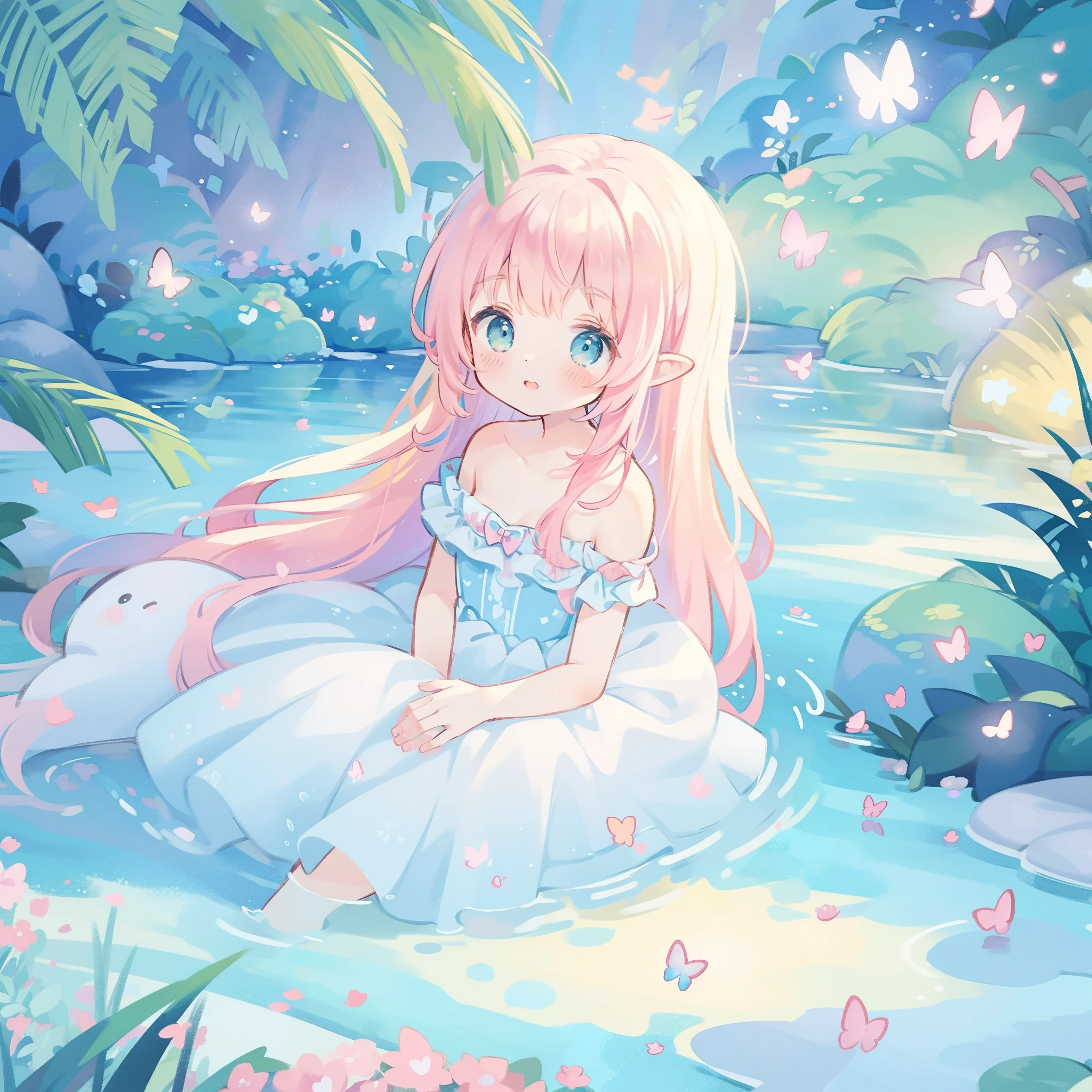 watercolor illustration, vibrant pastel colors, dreamy, colorful, whimsical, magical, masterpiece, best quality, sharp focus, intricately detailed environment, fine detail, 8k resolution, waterfall lagoon, (magical lagoon), (waterfall, lake), glowing butterflies, cute puffy fairy creatures, glowing beautiful girl