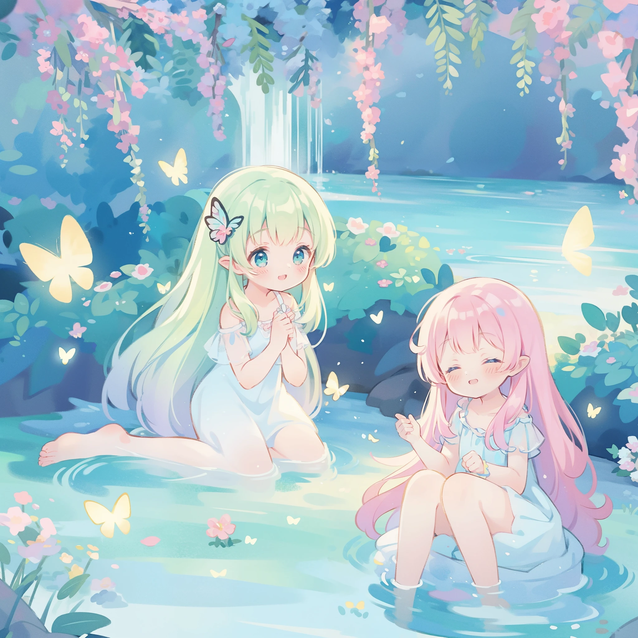 watercolor illustration, vibrant pastel colors, dreamy, colorful, whimsical, magical, masterpiece, best quality, sharp focus, intricately detailed environment, fine detail, 8k resolution, waterfall lagoon, (magical lagoon), (waterfall, lake), glowing butterflies, cute puffy fairy creatures, glowing beautiful girl