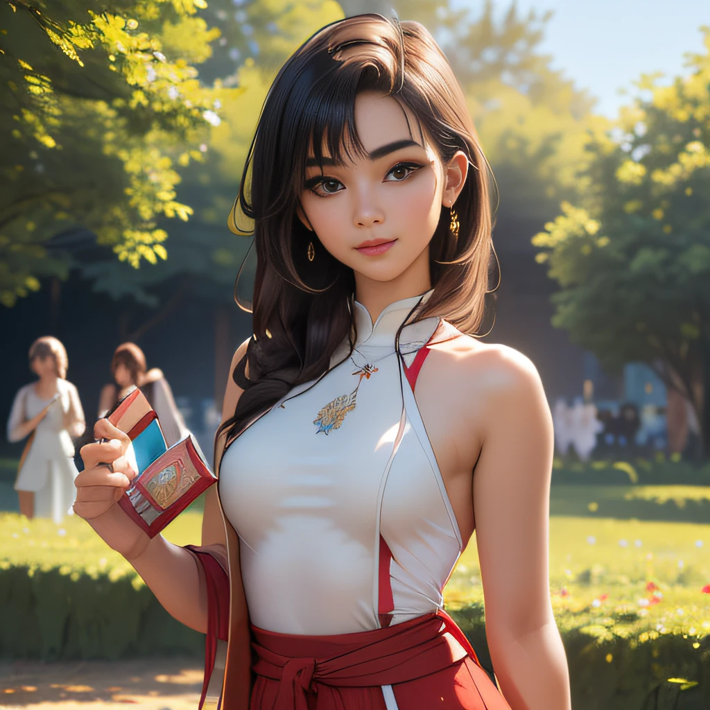 (Extremely detailed 8k wallpaper:2), (photo:2), (soigne Beautiful girl:2), (gives a lecture to friends:2), detailed (Face and eyes), (hyper realistic:1), (highly detailed:1), (epic realistic:1), rim light, (maximum details:1), cozy, (fullbody:1.3), (looking at viewer:2), (Woman's Attractive Qualities:2), (Attractive Woman:2), (Attractive:2), Smile, Intelligence, Empathy, Gracefulness, Sense of Style, Fitness, Grooming, Optimism, (Sensitivity:2), Sincerity, Romantic Gestures, Playfulness, Fashion Sense, (Sensuality:2), Charm, Modesty, Thoughtfulness, (Femininity:1), Flirtatiousness, Warmth, (Physical attractiveness:2), A beautiful smile, A love of life, strength and power, vulnerability, curiosity, wonder, love, (nature background:2), kawaii, waifu, Beautiful breasts, (attractive body:2), (Beautiful body:2), Beautiful pose, attractive pose, (Beautiful legs:1.0), (spread legs:1.0), (Beautiful clothes:1), (classic clothes:2), (elegant clothes:2), (European clothes:2), detailed clothes, (skirt:1), (blouse:1), (provocative pose)