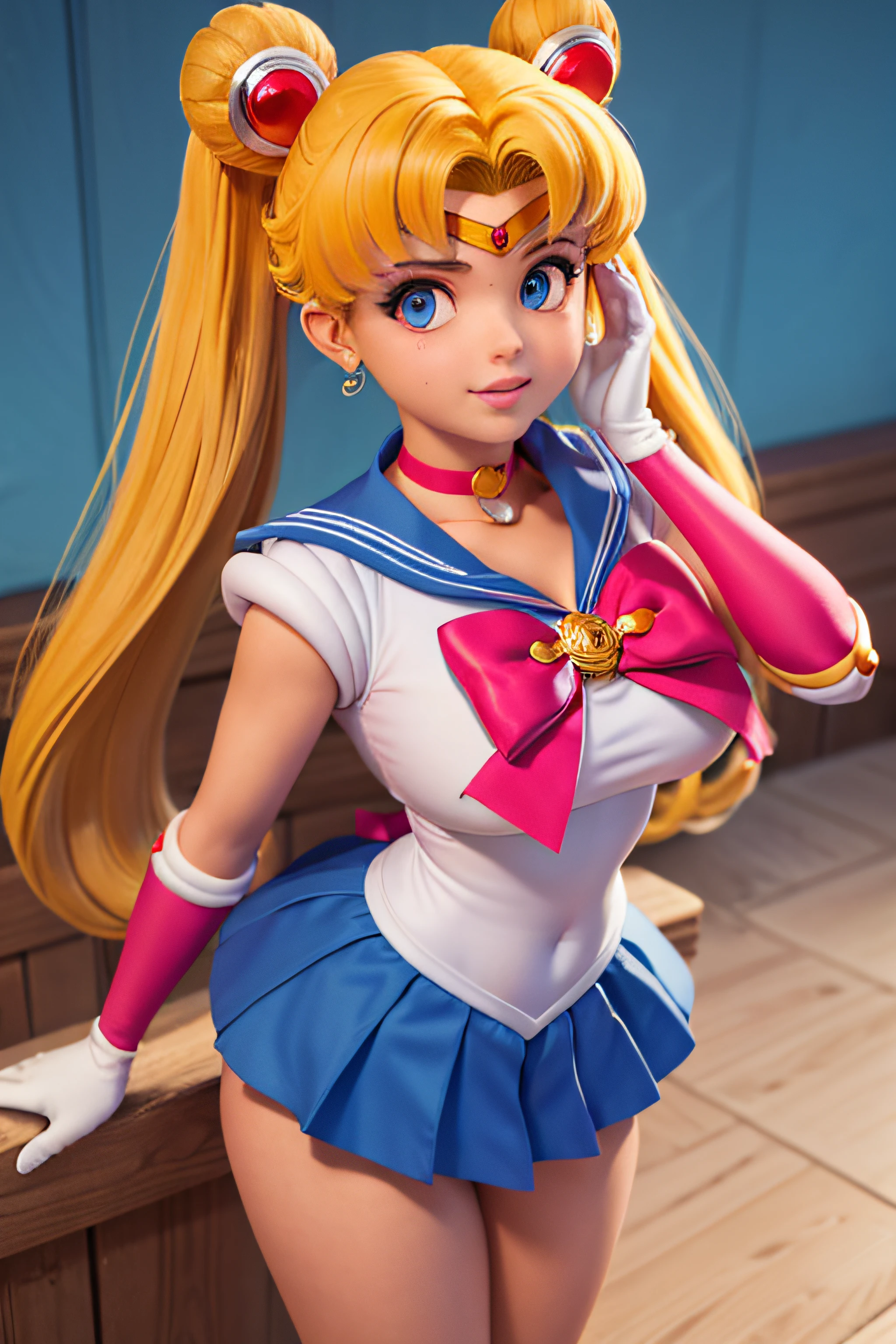 Obra maestra, La mejor calidad, absurdos, antomy perfecto, 1girl, solamente, SMMoon, 1990's \(estilo\), rubia sailor moon, En pie, They are smiling, Disparo de vaquero, Uniforme Sailor Senshi, Collar de marinero, falda azul, guantes de codo, en postura de espalda, Show off your loot, Backwards, No hay tanga Big Booty, Ultra minifalda ( Postura de la espalda, Backwards, Show off your loot) ( cuerpo completo) (HIGH DETAILS FACE)