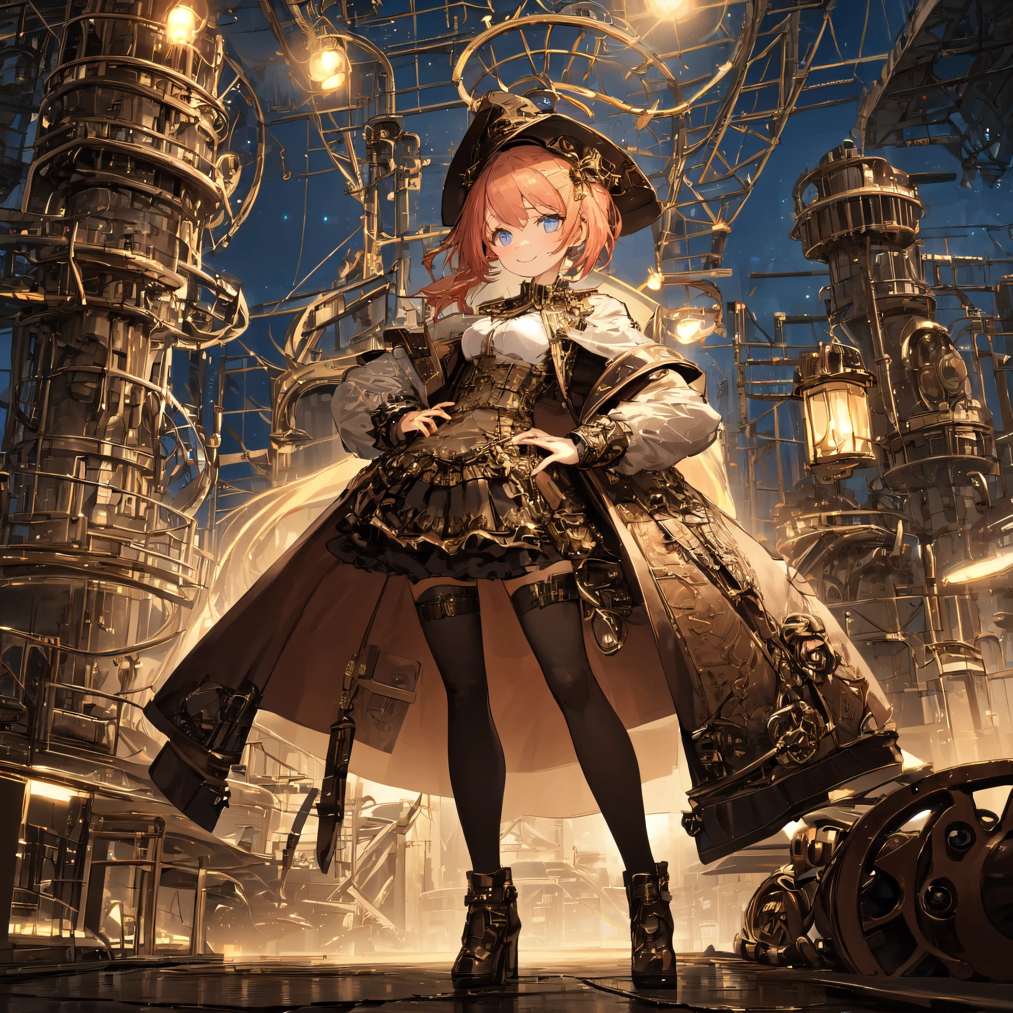 A woman in a dress and hat standing in front of a clock tower - SeaArt AI