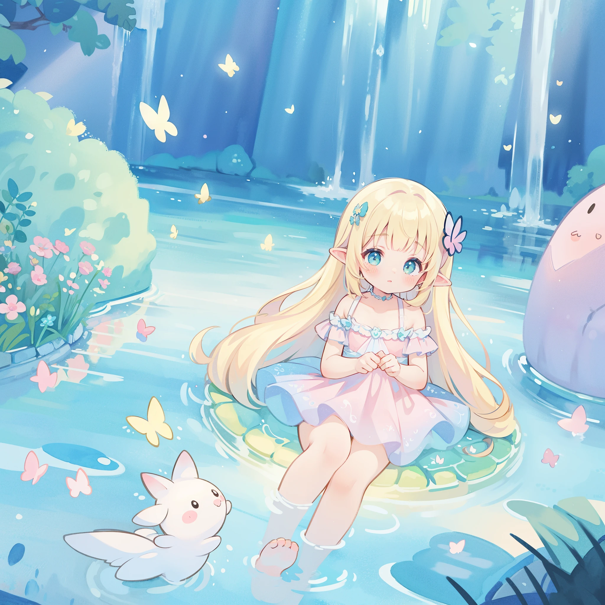 watercolor illustration, vibrant pastel colors, dreamy, colorful, whimsical, magical, masterpiece, best quality, sharp focus, intricately detailed environment, fine detail, 8k resolution, waterfall lagoon, (magical lagoon), (waterfall, lake), glowing butterflies, cute puffy fairy creatures, glowing beautiful girl