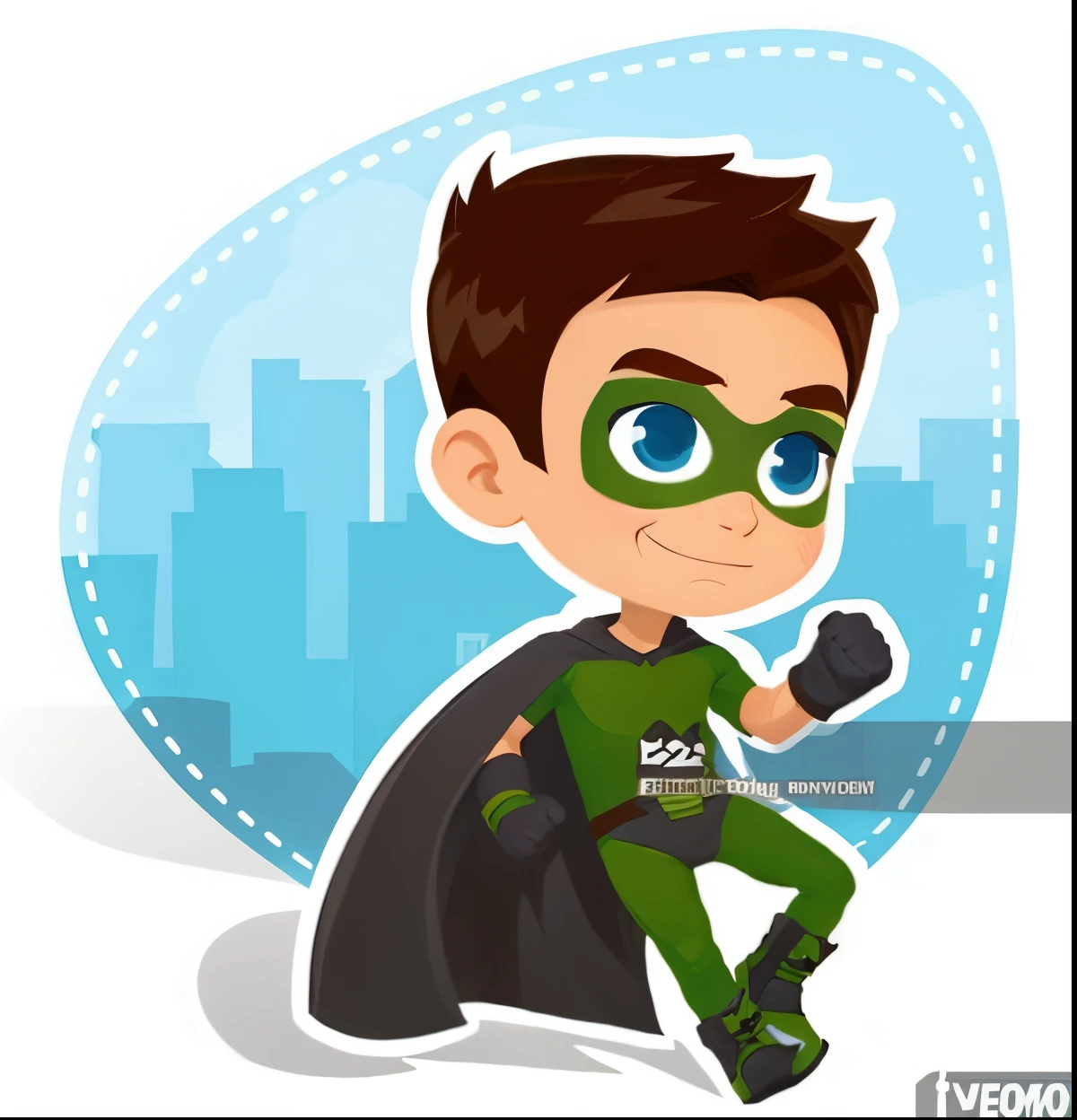 Superhero, child boy, com roupa e capa verde, desenho.