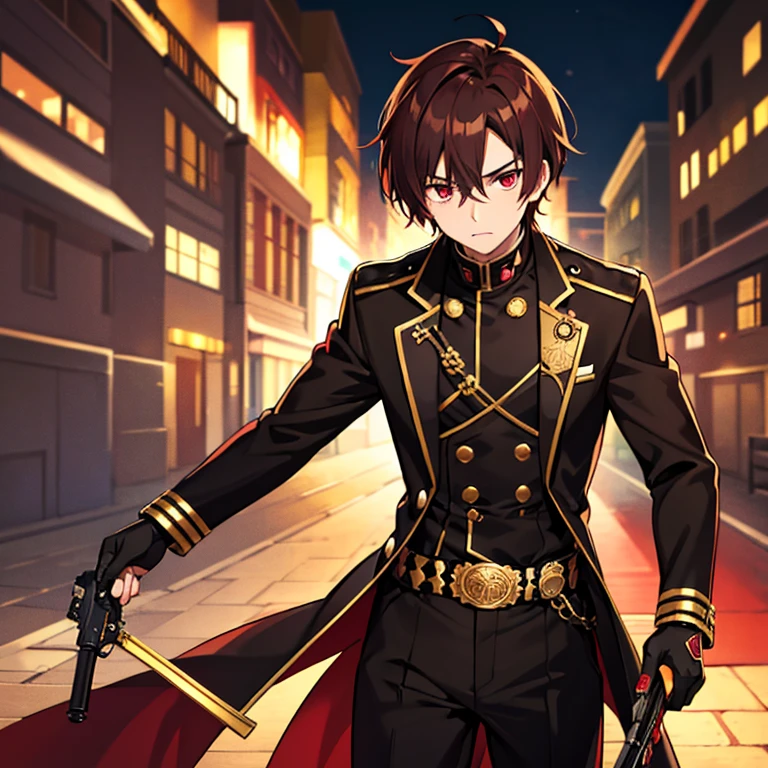 Anime, anime male character, black coat with gold buttons, holding a luger, cold expression, maroon red eyes, brown locks covering 1 eye, brown hair, light skinned, street in Leiderdorp background