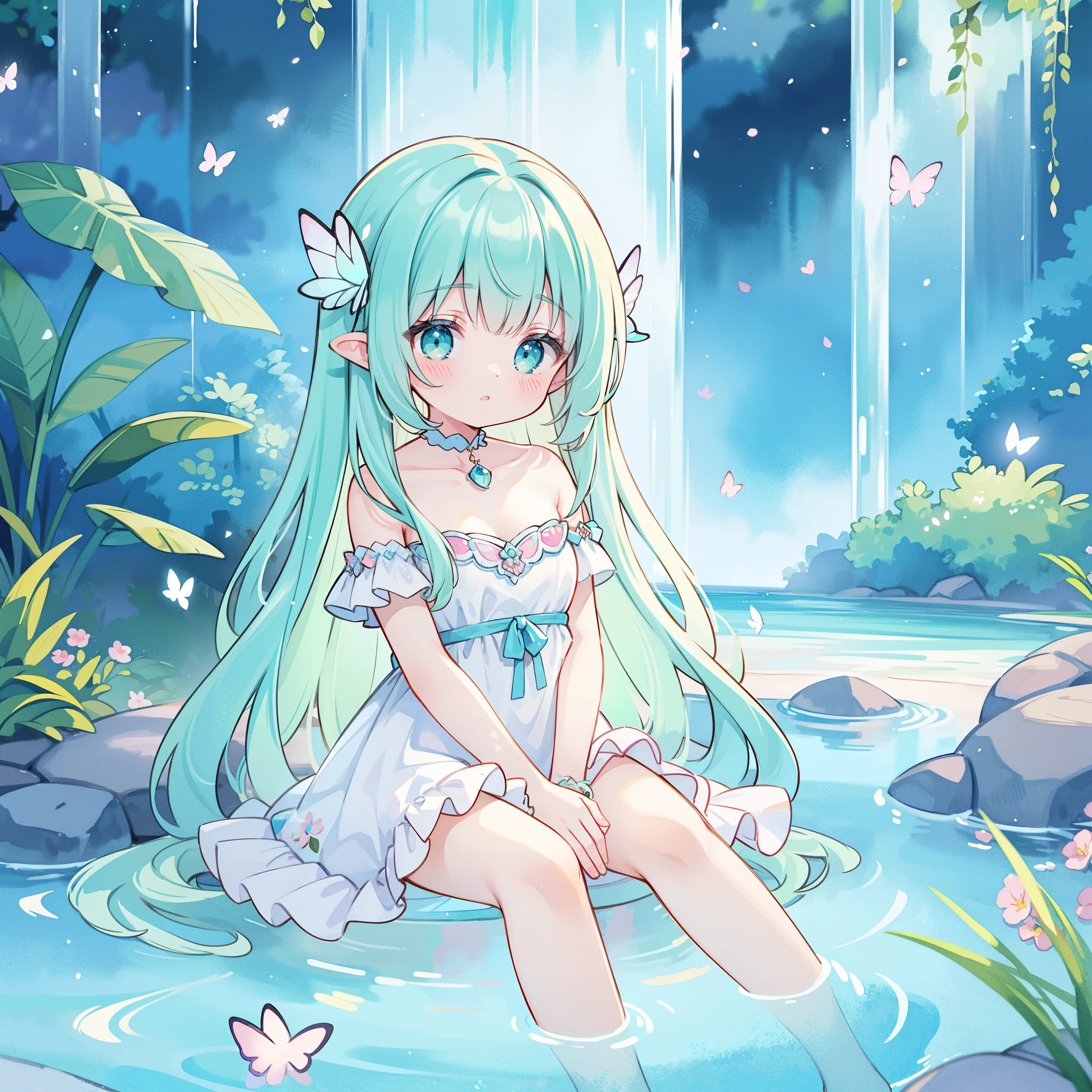 watercolor illustration, vibrant pastel colors, dreamy, colorful, whimsical, magical, masterpiece, best quality, sharp focus, intricately detailed environment, fine detail, 8k resolution, waterfall lagoon, (magical lagoon), (waterfall, lake), glowing butterflies, cute puffy fairy creatures, glowing fairies, beautiful girl in sparkling delicate white dress
