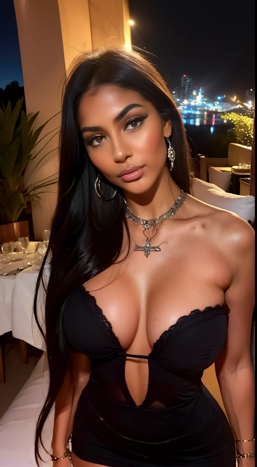Jeune femme brune,Fair Brown skinned, inluenceuse instagram, 90's outfit, portrait, Histoire Instagram,((( terrasse restaurant))),dark long hair,(((1girl)),((ONE GIRL)),((JUST ONE GIRL))),(Raw photography:1.2)、(Photorealsitic:1.4)、(masterpiece:1.3)、(top-quality:1.4)、dream-like、(A detailed eye)、(detailed facial features)、((Detailed clothing)、(Raw photography: 1.2)、(Photorealsitic:1.4)、、(top-quality:1.4)、dream-like、(A detailed eye)、(detailed facial features)、(detailed clothes features)、skin tightening、(Slender girl)、(Slim Girl)、1 girl in,brown-skinned, dark hair 、(full body )、(独奏)、cute(big round breasts)、、straight haired、detailed eyes 、makeup,Crystal Pendant、(top-quality、8K、32K、masterpiece、、Cute brazilian Female Pictures、 、(Slender girl)、(Slim Girl)、(1 girl in),((french dark long hair))、((( in a terrasse restaurant))),(fashionable outfit),((Round-breast)),((detailed skin texture)),(16k,Masterpiece, award-winning, maximum resolution quality)),(big round breasts),maximum resolution quality,((super detailed skin texture)),((elegant outfit aesthetics )),elegant clothing, elegant tropical outfit,Aesthetics,sunlight falling over the subject's face, ((elegant mine dress)),Portrait of a Brown-skinned woman, slender body, big round breasts, dark super long wavy hair,round breasts in a highly detailed white dress with and jewelry, bohemian fashion, bohemian style, lovely bohemian princess, boho - chic, covered in jewels, boho chic, boho style, hippie chic, boho chic | | photograph realistic!!!, gypsy, veils and jewels, bohemian mystics, nights inspired, ornate and intricate jewelry, bohemian, super long black hair, slender body, skinny,boho, boemian style,((( detailed skin texture)),hippie chic,Black long hair, boemian style,dark hair, round breast,highly detailed accessories,(( highly detailed jewelry and skin texture)),round breasts, highly detailed black hair, round breasts, ((instagram model pose selfie))
