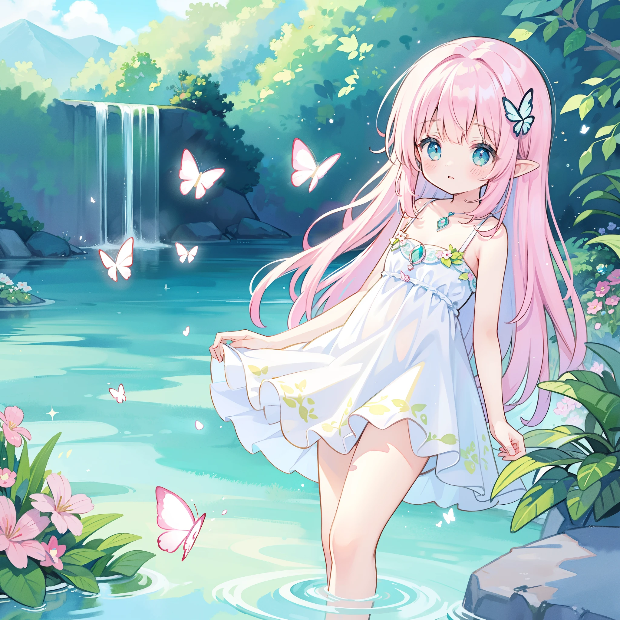 watercolor illustration, vibrant pastel colors, dreamy, colorful, whimsical, magical, masterpiece, best quality, sharp focus, intricately detailed environment, fine detail, 8k resolution, waterfall lagoon, (magical lagoon), (waterfall, lake), glowing butterflies, cute puffy fairy creatures, glowing fairies, beautiful girl in sparkling delicate white dress