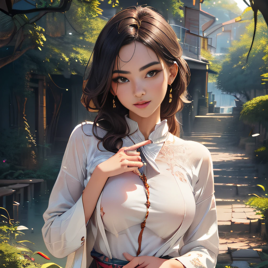 (Extremely detailed 8k wallpaper:2), (photo:2), (38 years old soigne Beautiful girl:2), (gives a lecture to friends:2), detailed (Face and eyes), (hyper realistic:1), (highly detailed:1), (epic realistic:1), rim light, (maximum details:1), cozy, (fullbody:1.3), (looking at viewer:2), (Woman's Attractive Qualities:2), (Attractive Woman:2), (Attractive:2), Smile, Intelligence, Empathy, Gracefulness, Sense of Style, Fitness, Grooming, Optimism, (Sensitivity:2), Sincerity, Romantic Gestures, Playfulness, Fashion Sense, (Sensuality:2), Charm, Modesty, Thoughtfulness, (Femininity:1), Flirtatiousness, Warmth, (Physical attractiveness:2), A beautiful smile, A love of life, strength and power, vulnerability, curiosity, wonder, love, (nature background:2), kawaii, waifu, Beautiful breasts, (attractive body:2), (Beautiful body:2), Beautiful pose, attractive pose, (Beautiful legs:1.0), (Beautiful clothes:1), (classic clothes:2), (elegant clothes:2), (European clothes:2), detailed clothes, (skirt:1), (blouse:1), (provocative pose)