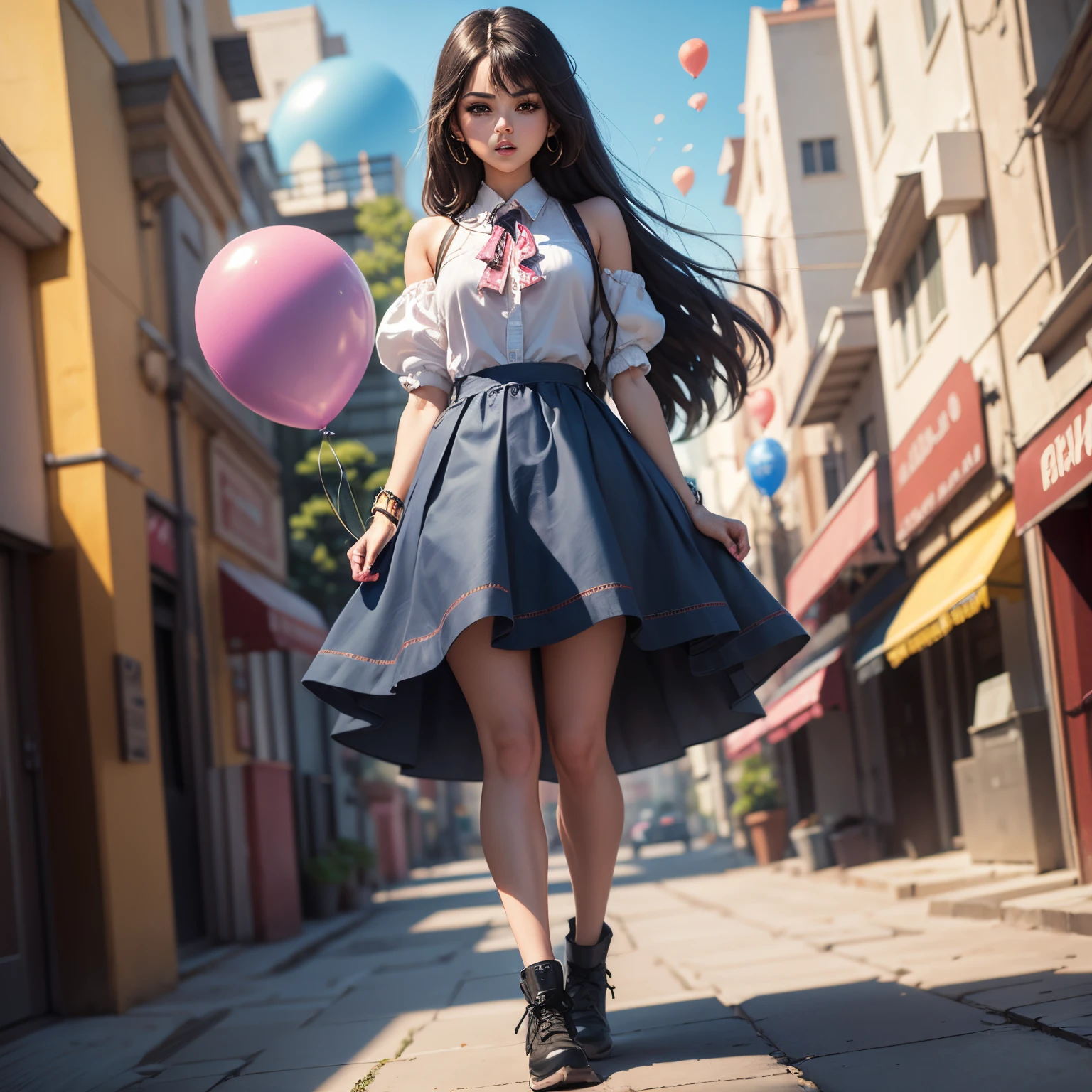 masterpiece、top-quality、ultra-detailliert、(chibi character:1.27)、Selena Gomez, Full-body standing figure、The background is a blue sky with multiple colored balloons flying