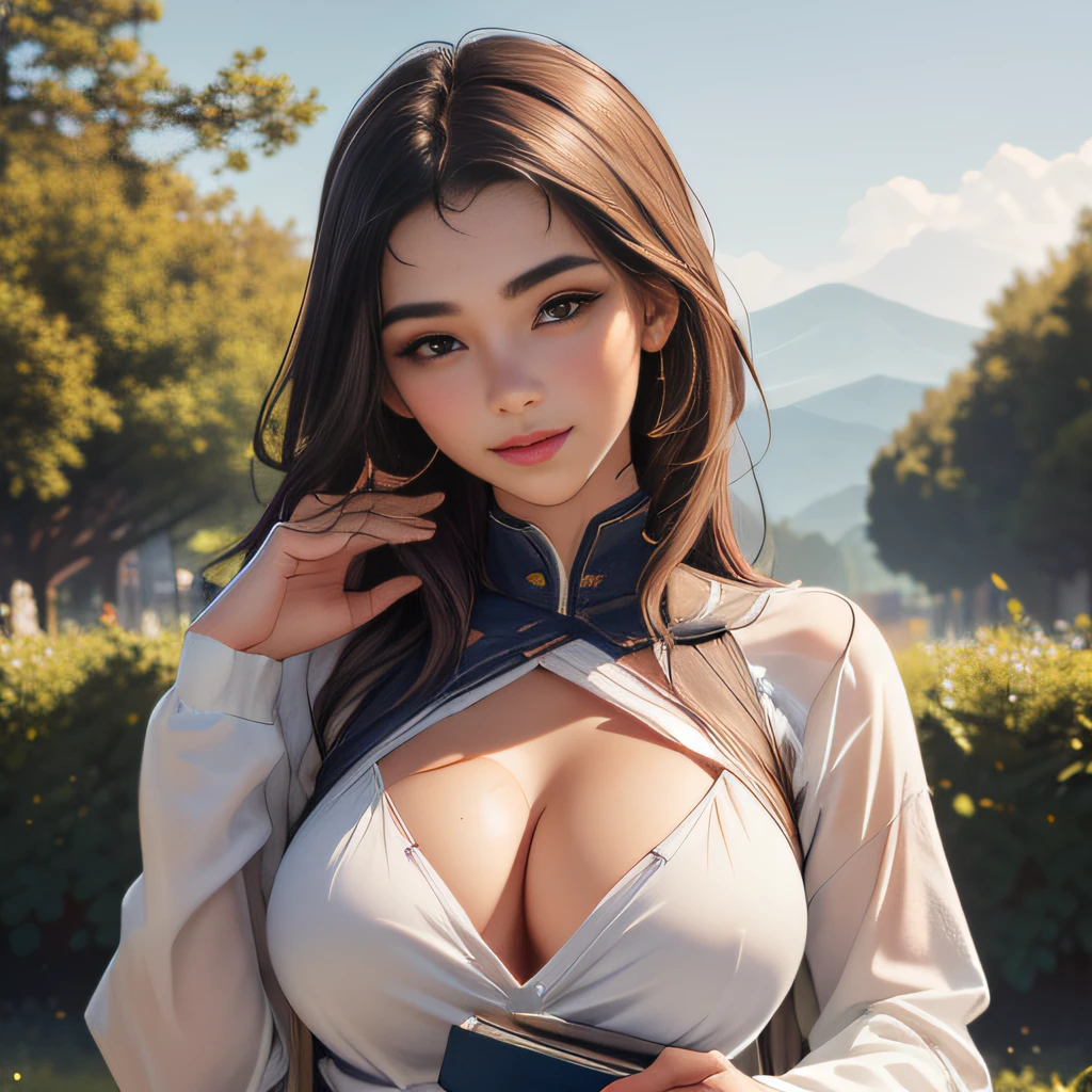 (Extremely detailed 8k wallpaper:2), (photo:2), (38 years old soigne Beautiful girl:2), (gives a lecture to friends:2), detailed (Face and eyes), (hyper realistic:1), (highly detailed:1), (epic realistic:1), rim light, (maximum details:1), cozy, (fullbody:1.3), (looking at viewer:2), (Woman's Attractive Qualities:2), (Attractive Woman:2), (Attractive:2), Smile, Intelligence, Empathy, Gracefulness, Sense of Style, Fitness, Grooming, Optimism, (Sensitivity:2), Sincerity, Romantic Gestures, Playfulness, Fashion Sense, (Sensuality:2), Charm, Modesty, Thoughtfulness, (Femininity:1), Flirtatiousness, Warmth, (Physical attractiveness:2), A beautiful smile, A love of life, strength and power, vulnerability, curiosity, wonder, love, (nature background:2), kawaii, waifu, Beautiful breasts, (attractive body:2), (Beautiful body:2), Beautiful pose, attractive pose, (Beautiful legs:1.0), (Beautiful clothes:1), (classic clothes:2), (elegant clothes:2), (European clothes:2), detailed clothes, (skirt:1), (blouse:1), (provocative pose)