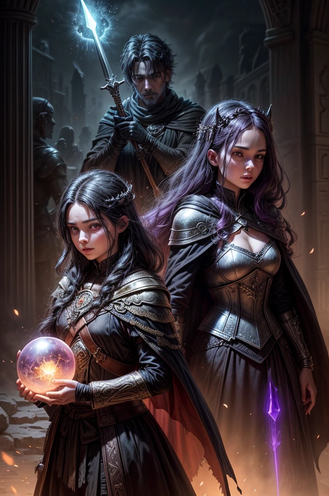 Image on book cover template with the following title above: Entre Reinos e Poderes O Enigma da Princesa de Arcanara. There are 7 characters, a 25-year-old princess with green eyes and black hair, um feiticeiro de 30 anos bonito e charmoso de 30 anos, a 40 year old warrior with a silver sword in his hands, a 25 year old witch with dark lilac eyes with a luminous crystal ball in her hands, a 27 year old hunter with a bow and arrows in his hands, In the background, an ancient dragon with its head held high, releasing fireworks from its mouth and a 50-year-old necromancer holding a skull in his hands with capes on his head like the evil villain.