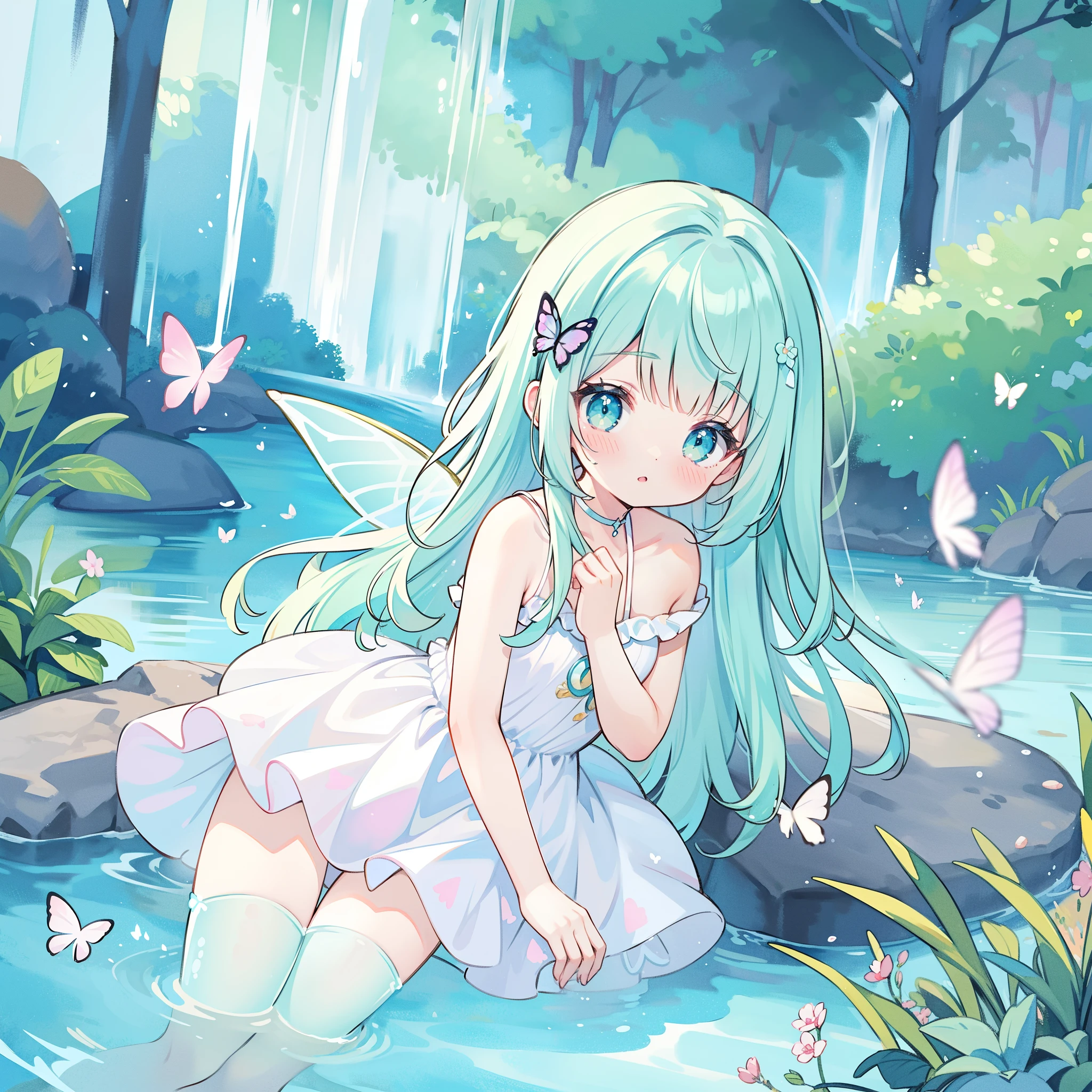 watercolor illustration, vibrant pastel colors, dreamy, colorful, whimsical, magical, masterpiece, best quality, sharp focus, intricately detailed environment, fine detail, 8k resolution, waterfall lagoon, (magical lagoon), (waterfall, lake), glowing butterflies, cute puffy fairy creatures, glowing fairies, beautiful girl in sparkling delicate white dress