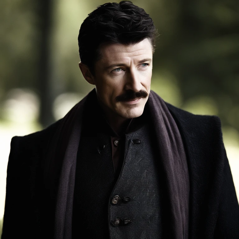Petyr is tall and wears fine coats, with black hair streaked with grey, with a moustache and short goatee. Famously portrayed by Aidan Gillen,Game of Thrones,Petyr is tall and wears fine coats, with black hair streaked with grey, with a moustache and short goatee. Famously portrayed by Aidan Gillen,face,photo